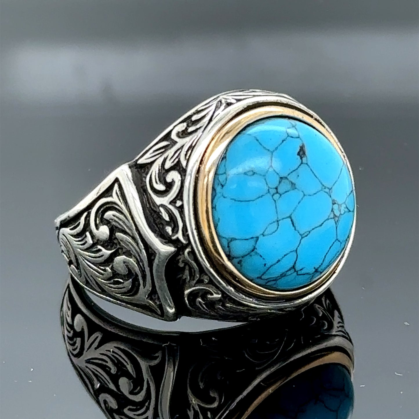 Men Handmade Round Natural Turquoise Ring