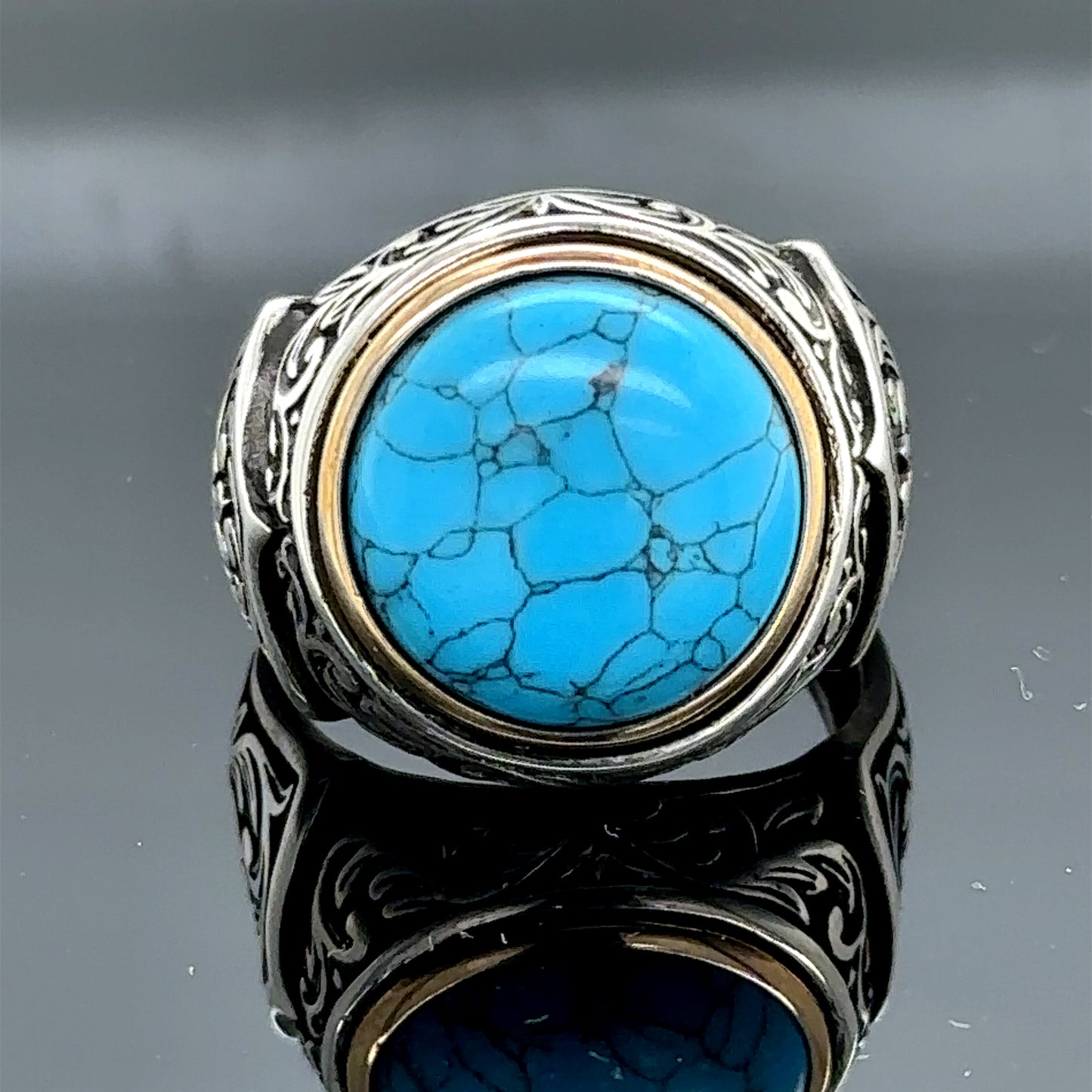 Men Handmade Round Natural Turquoise Ring