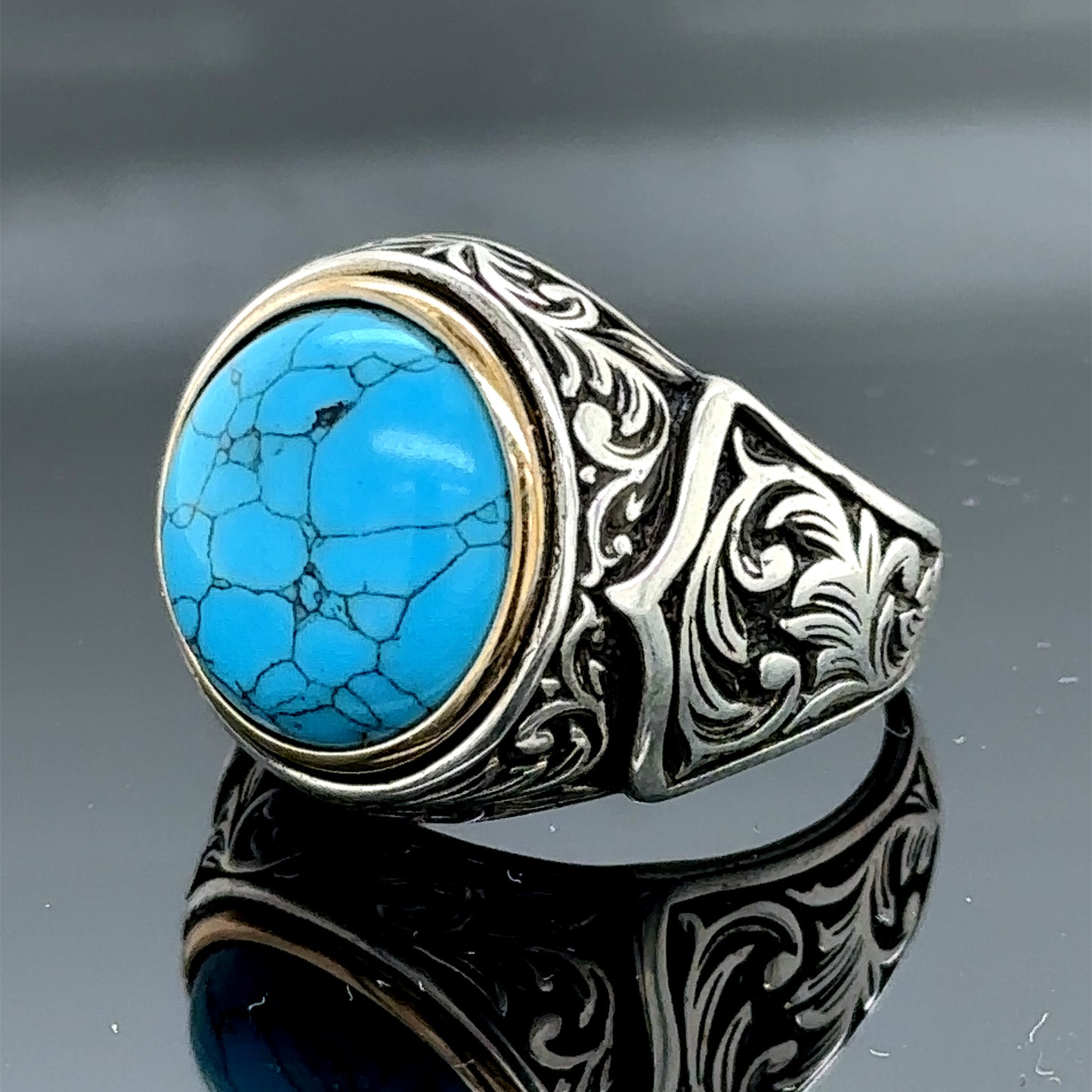 Men Handmade Round Natural Turquoise Ring