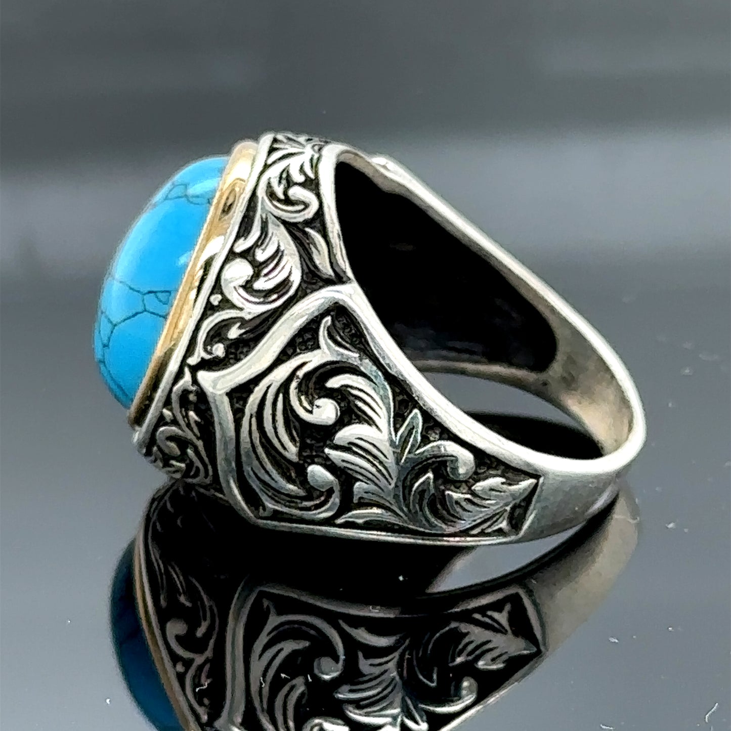 Men Handmade Round Natural Turquoise Ring