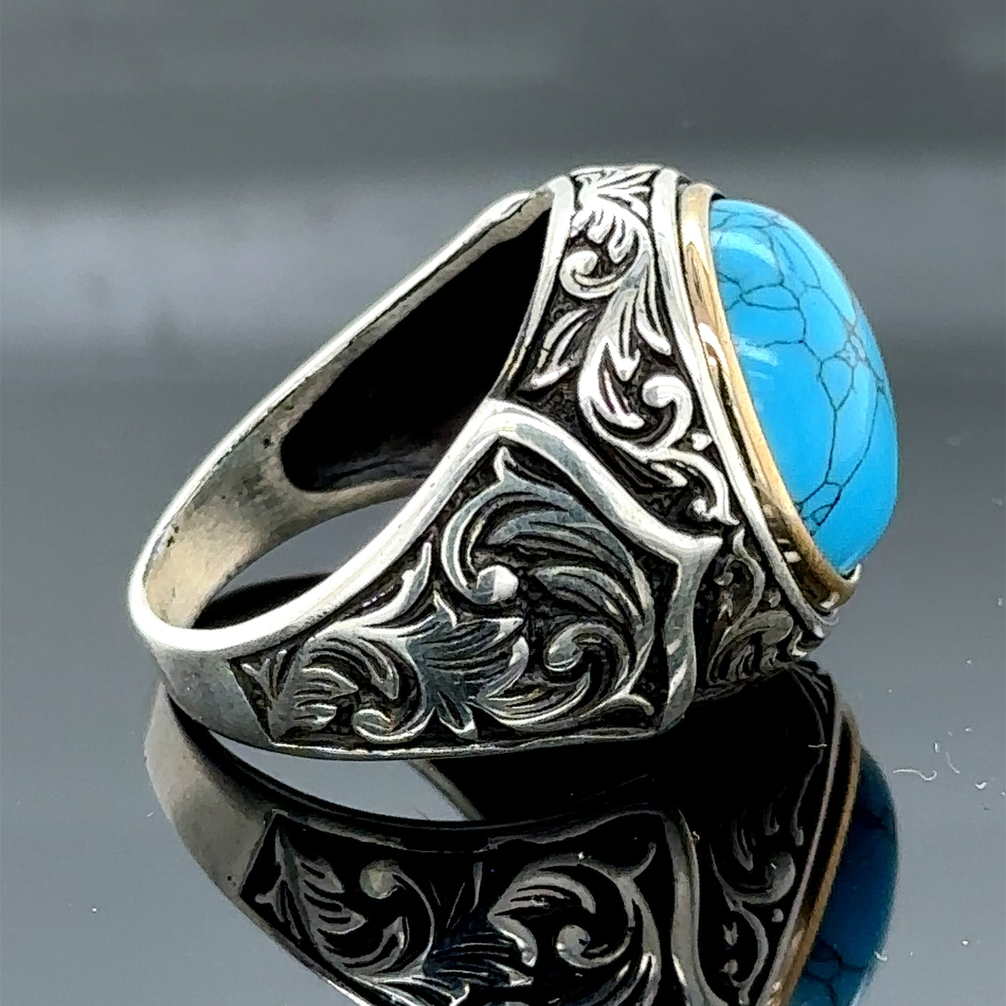 Men Handmade Round Natural Turquoise Ring