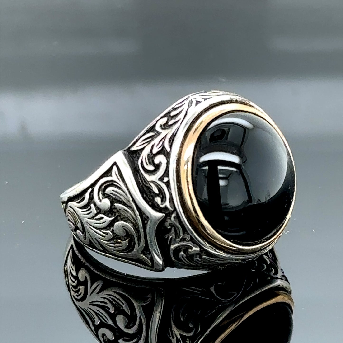 Men Handmade Round Natural Black Onyx Gemstone Ring