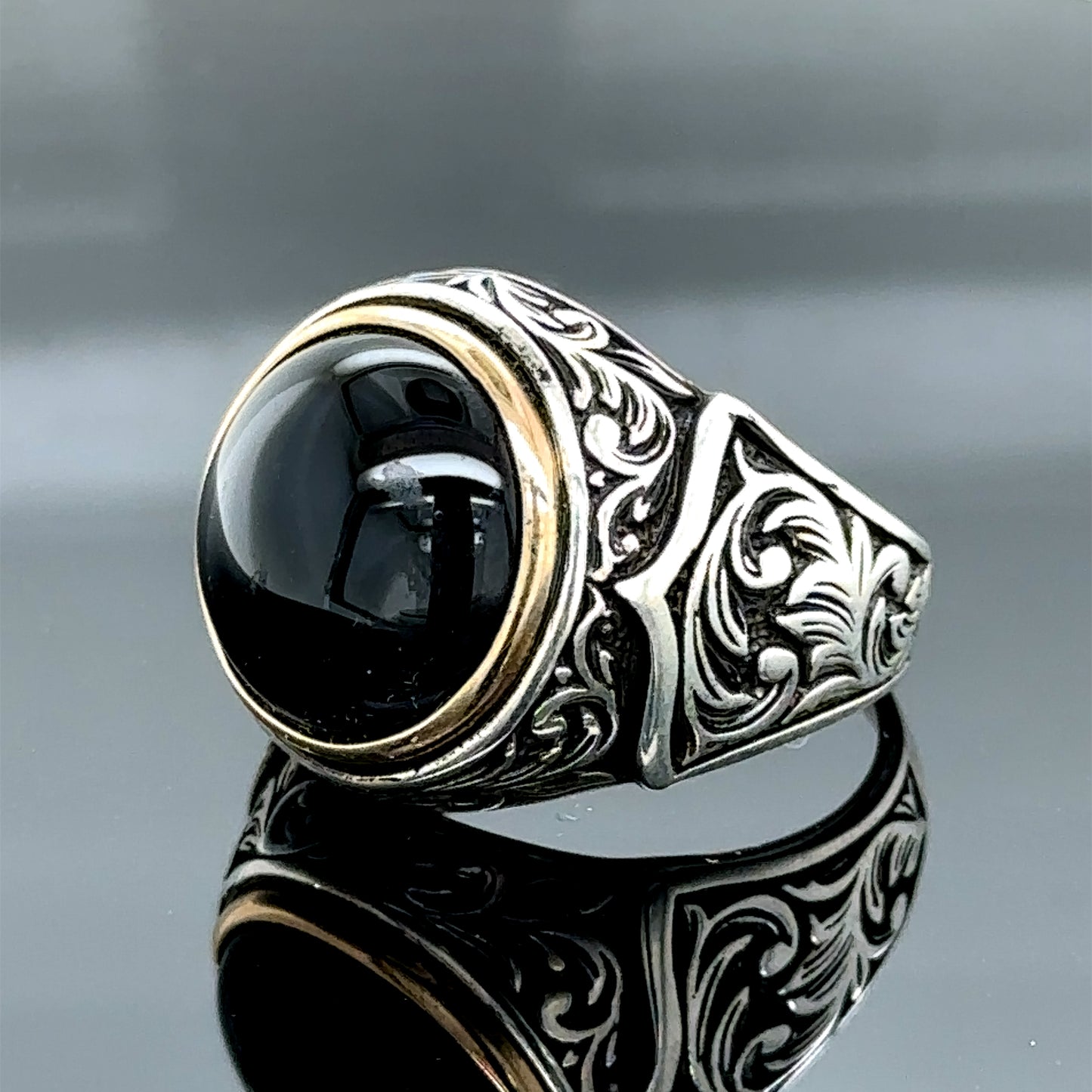 Men Handmade Round Natural Black Onyx Gemstone Ring