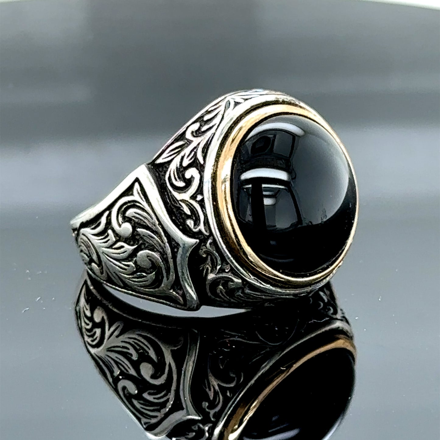 Men Handmade Round Natural Black Onyx Gemstone Ring