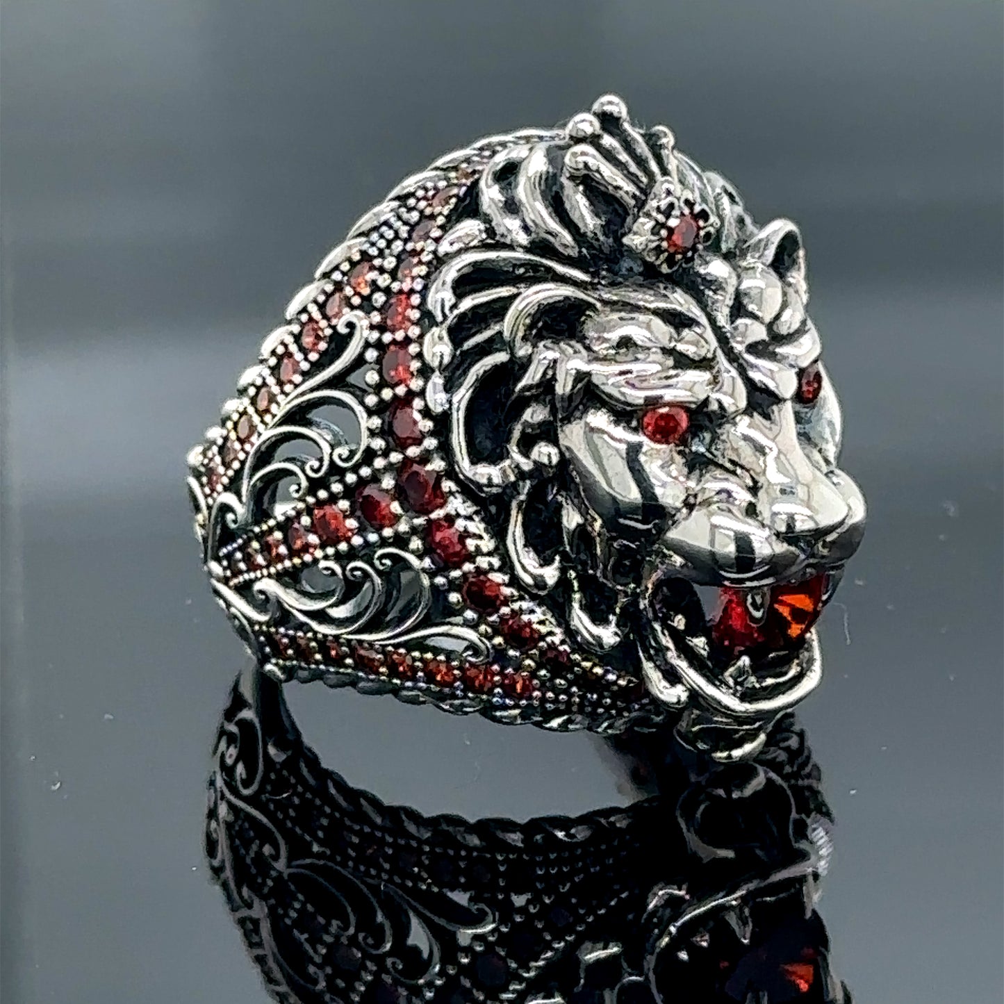 Silver Ruby Gemstone Wild Leon Head Ring