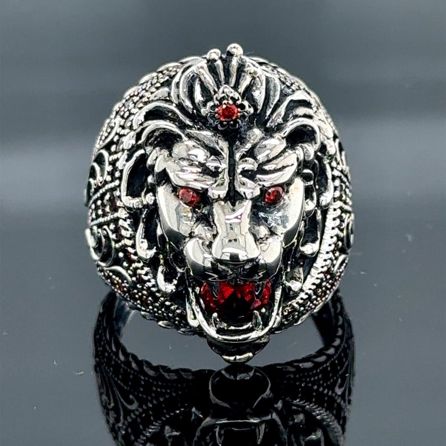 Silver Ruby Gemstone Wild Leon Head Ring