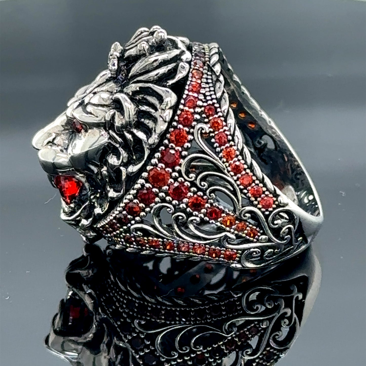 Silver Ruby Gemstone Wild Leon Head Ring