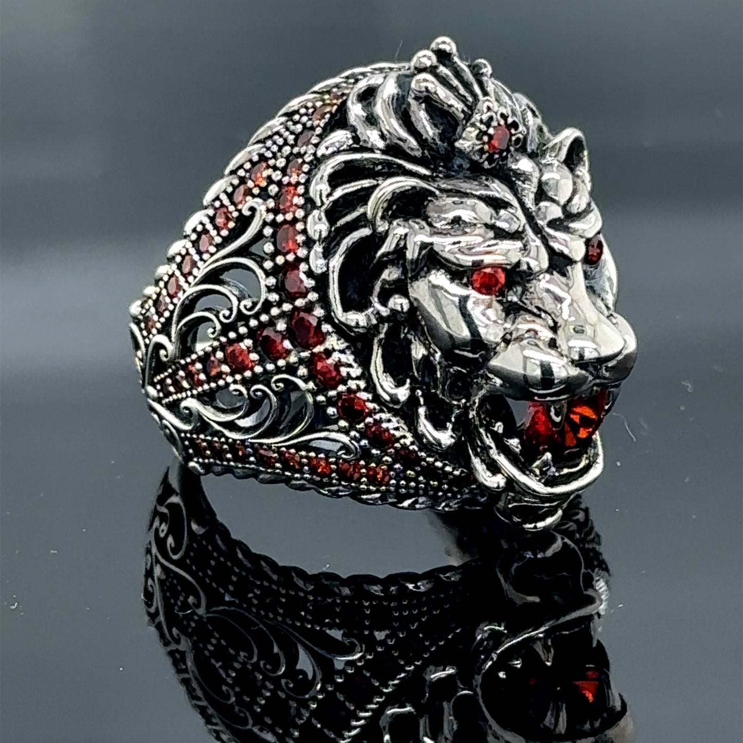 Silver Ruby Gemstone Wild Leon Head Ring