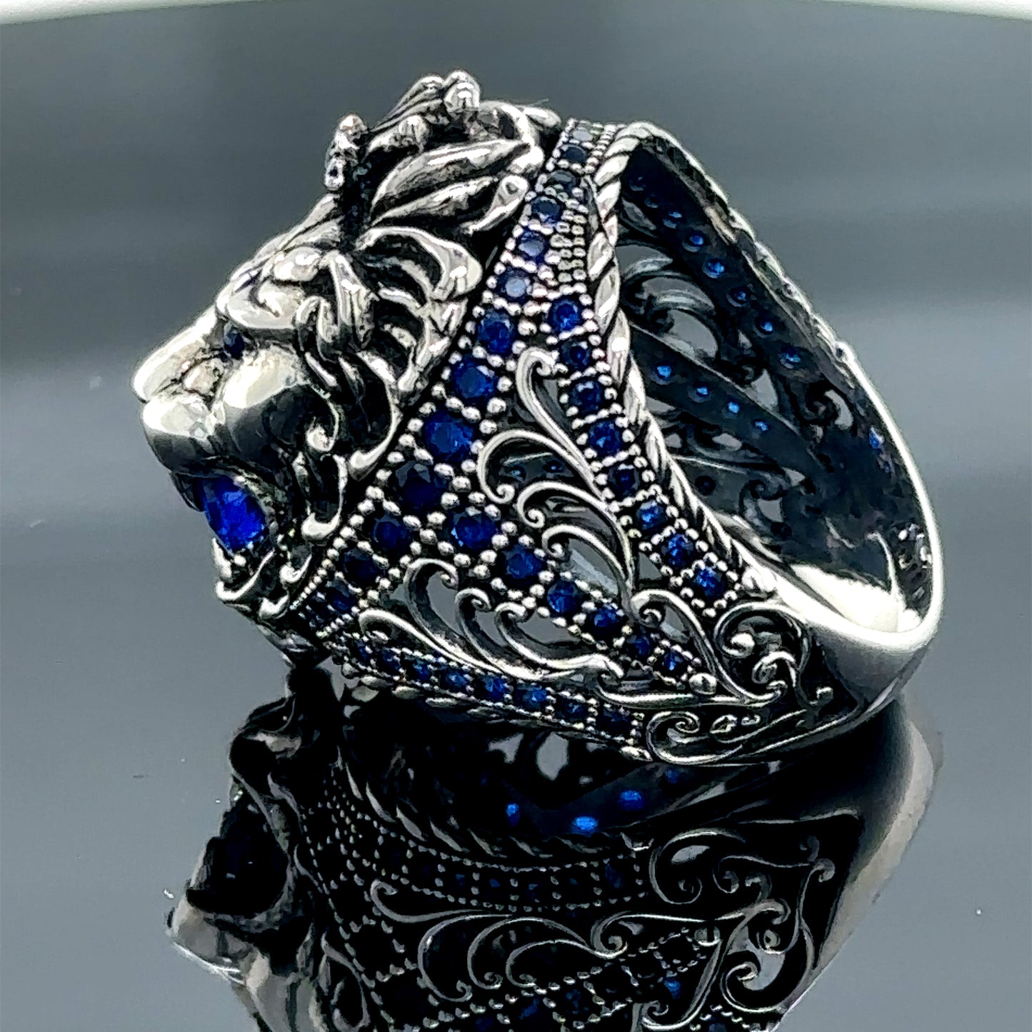 Men Silver Sapphire Stone Leon Head Animal Ring