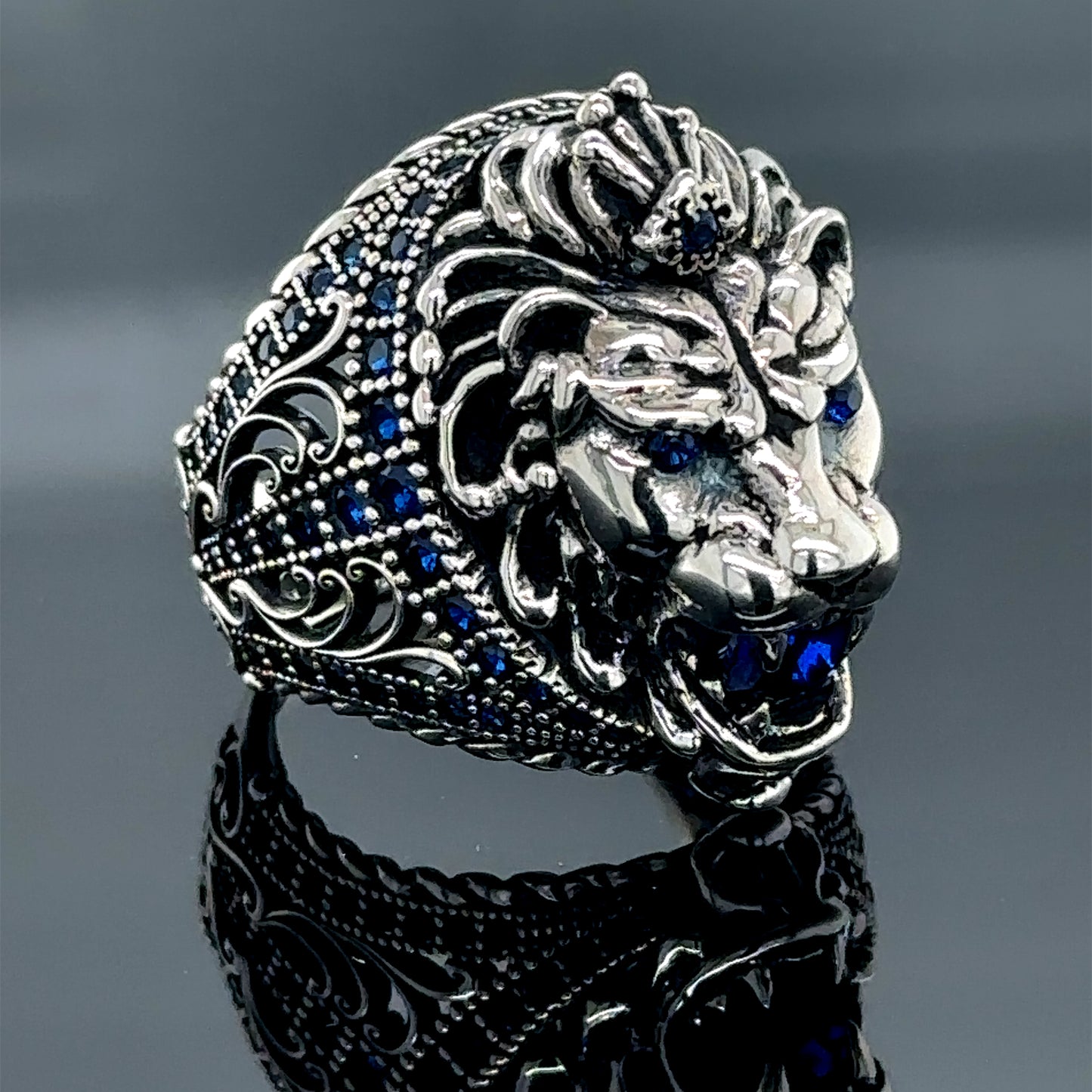 Men Silver Sapphire Stone Leon Head Animal Ring