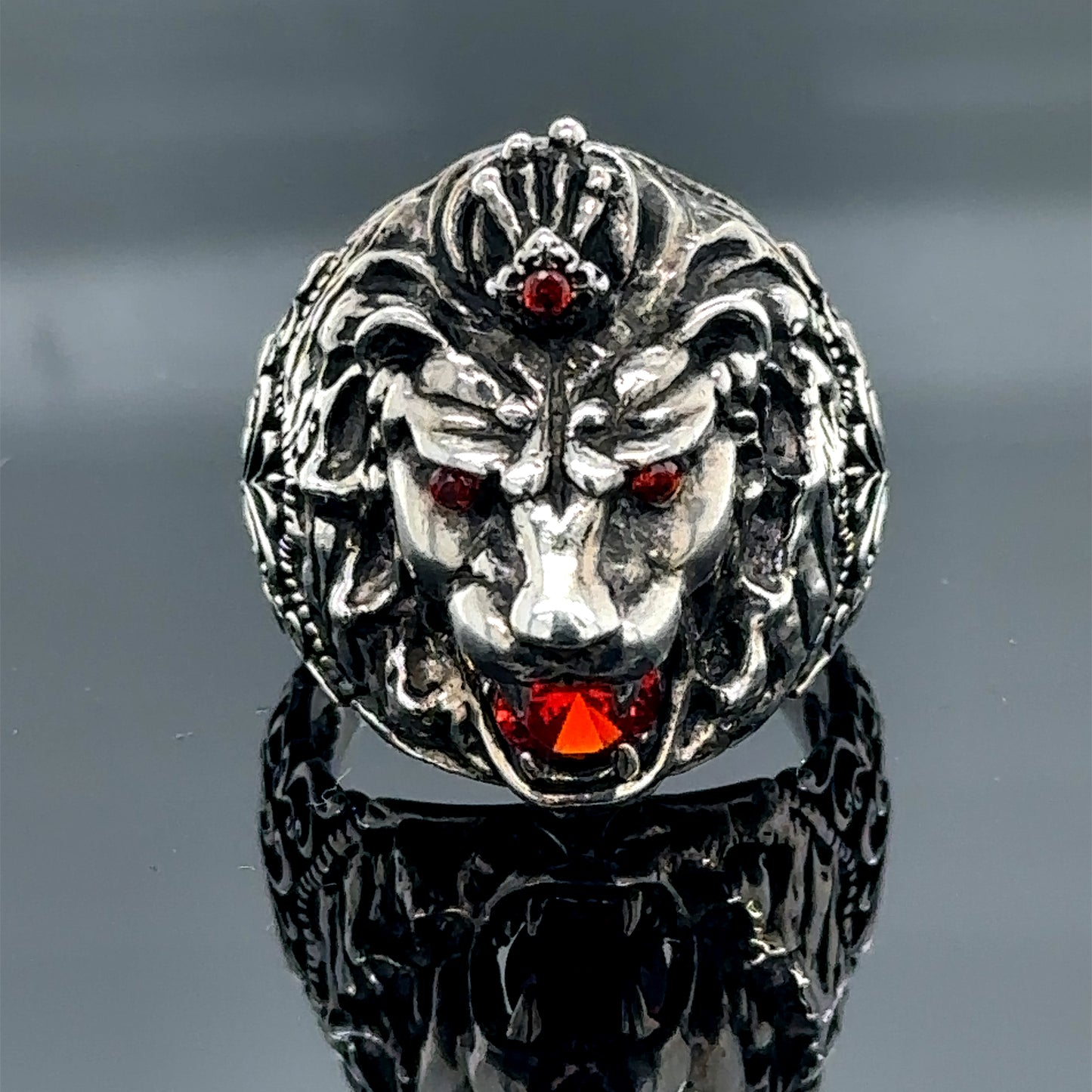 Silver Handmade Ruby Stone Wild Leon Head Ring