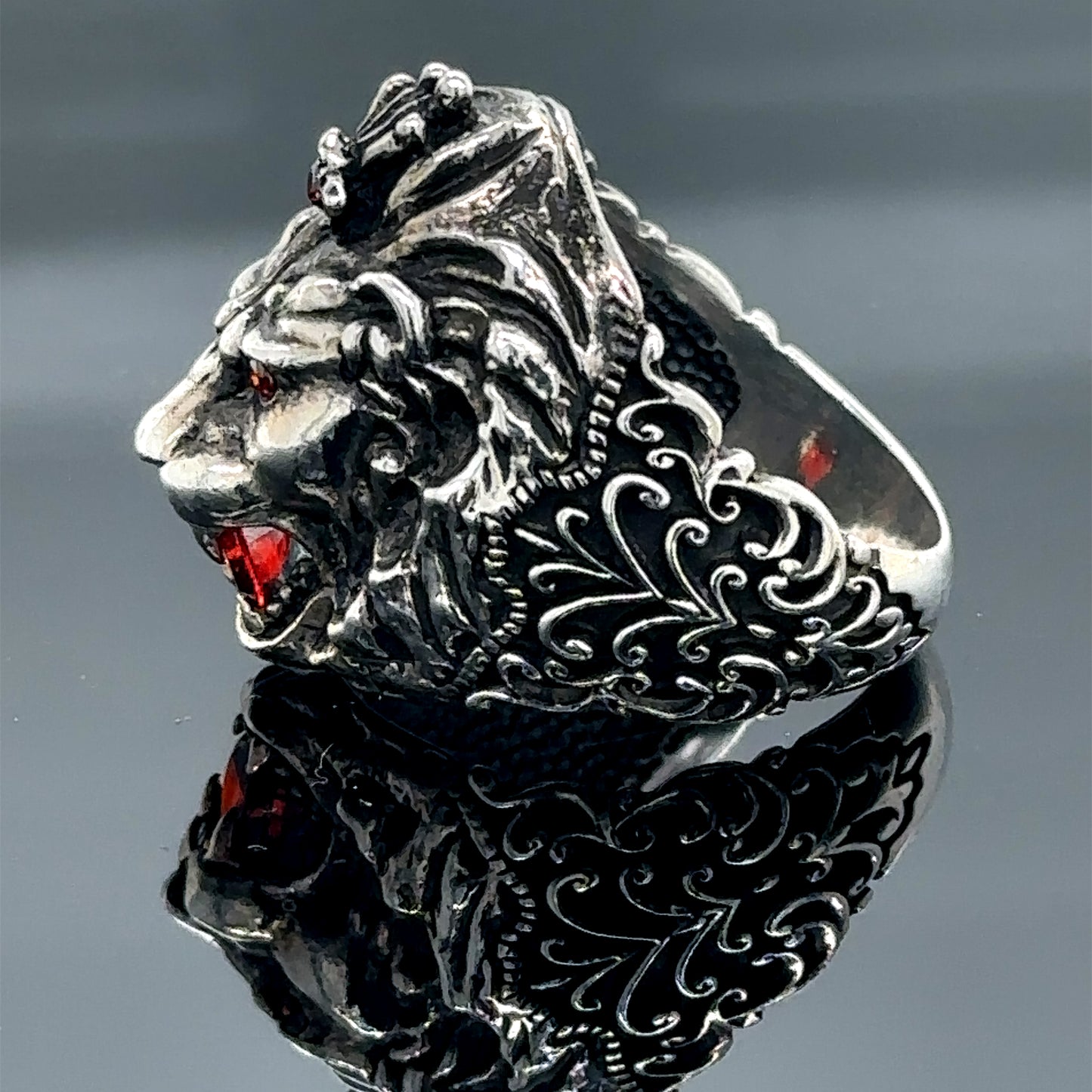 Silver Handmade Ruby Stone Wild Leon Head Ring