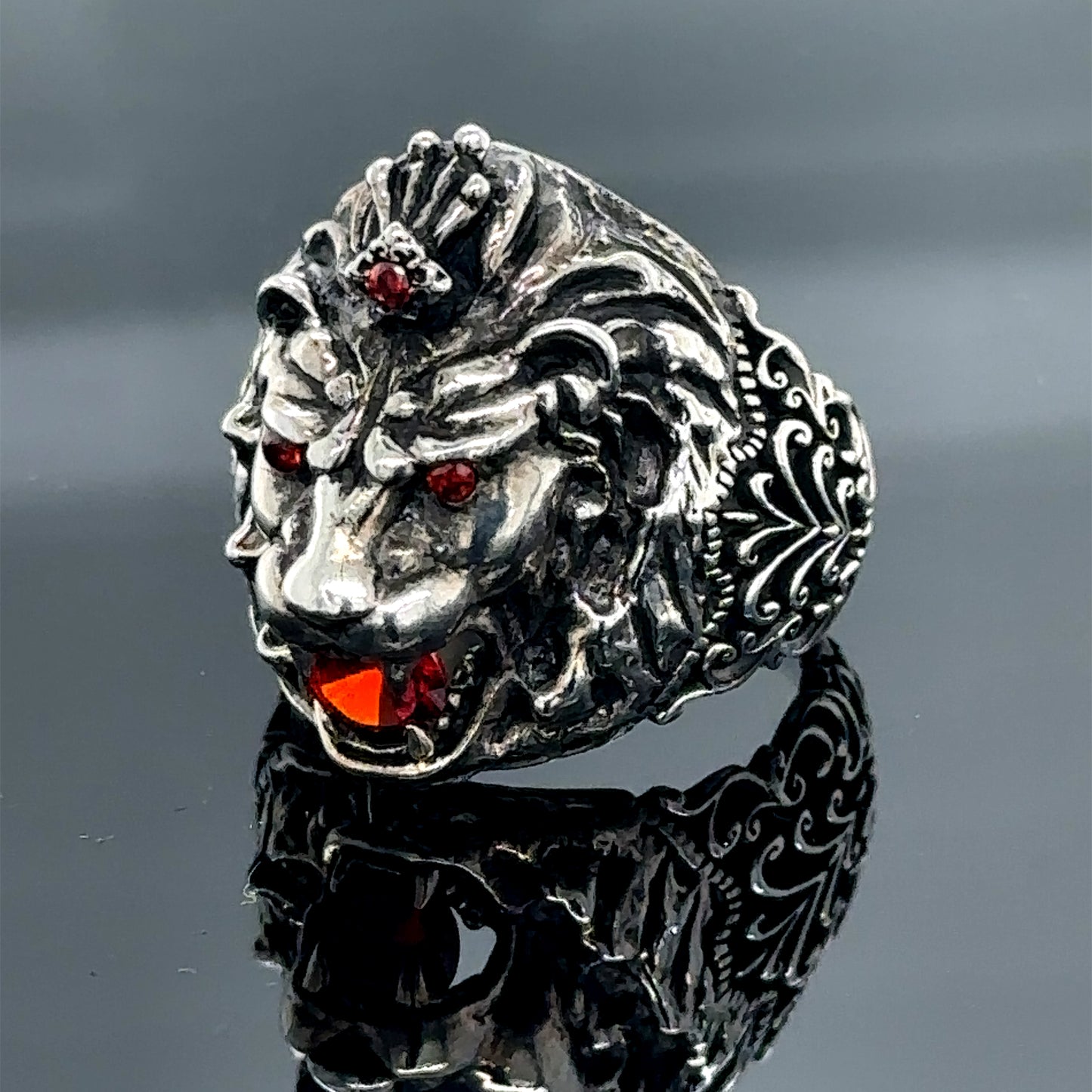 Silver Handmade Ruby Stone Wild Leon Head Ring