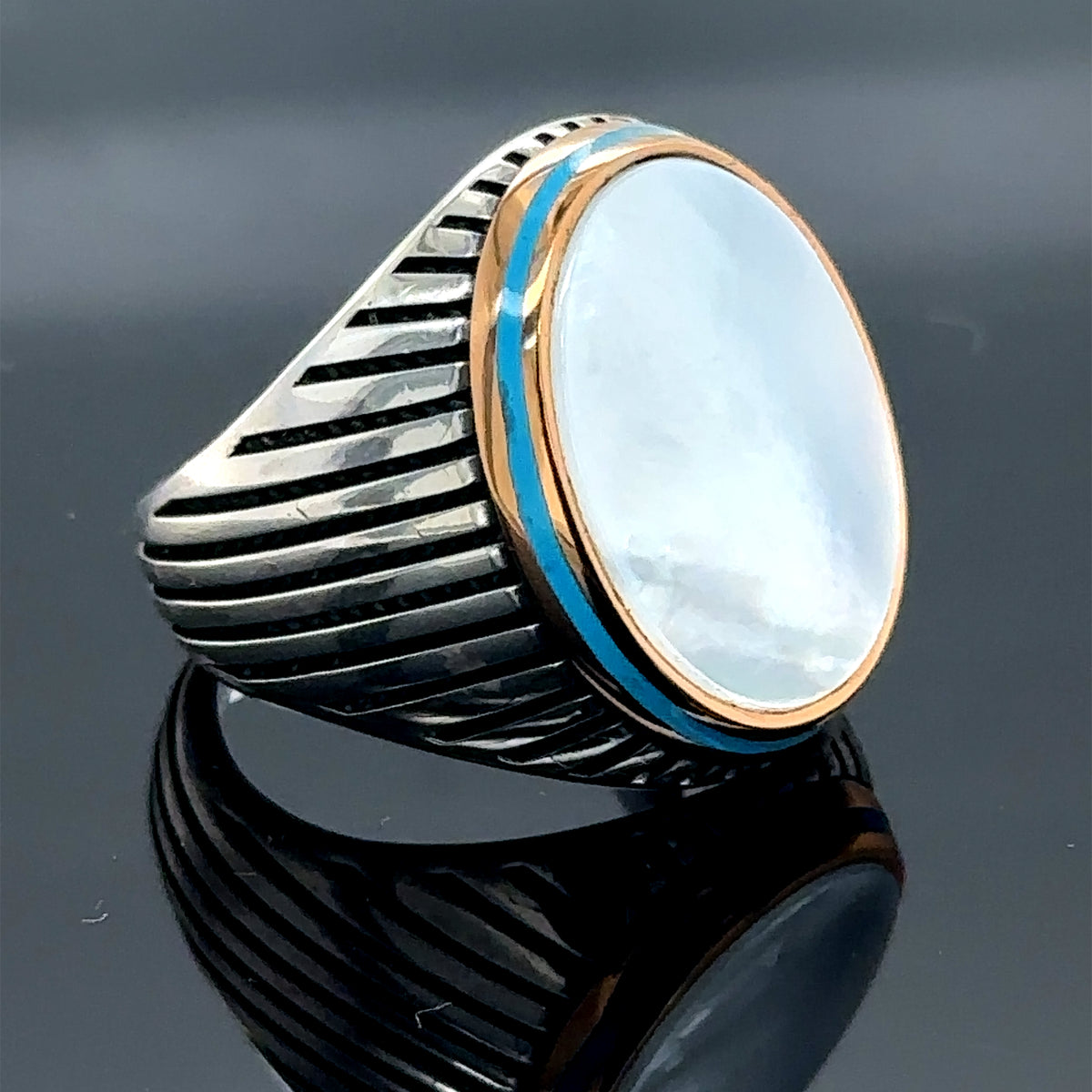 Anillo de plata estilo otomano con piedra preciosa de nácar para hombre, hecho a mano