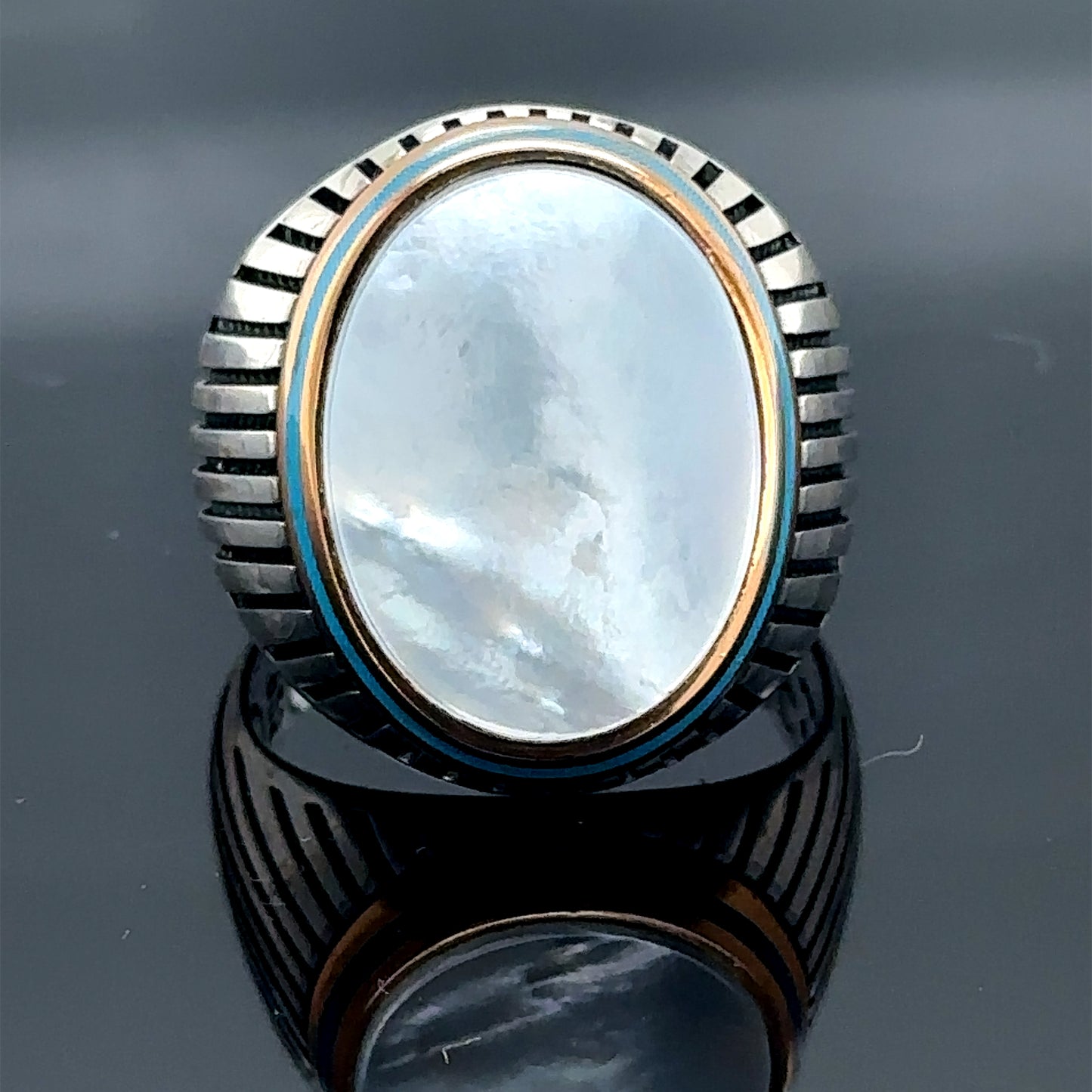 Men Handmade Silver Ottoman Style Mother Of Pearl Gemstone Ring