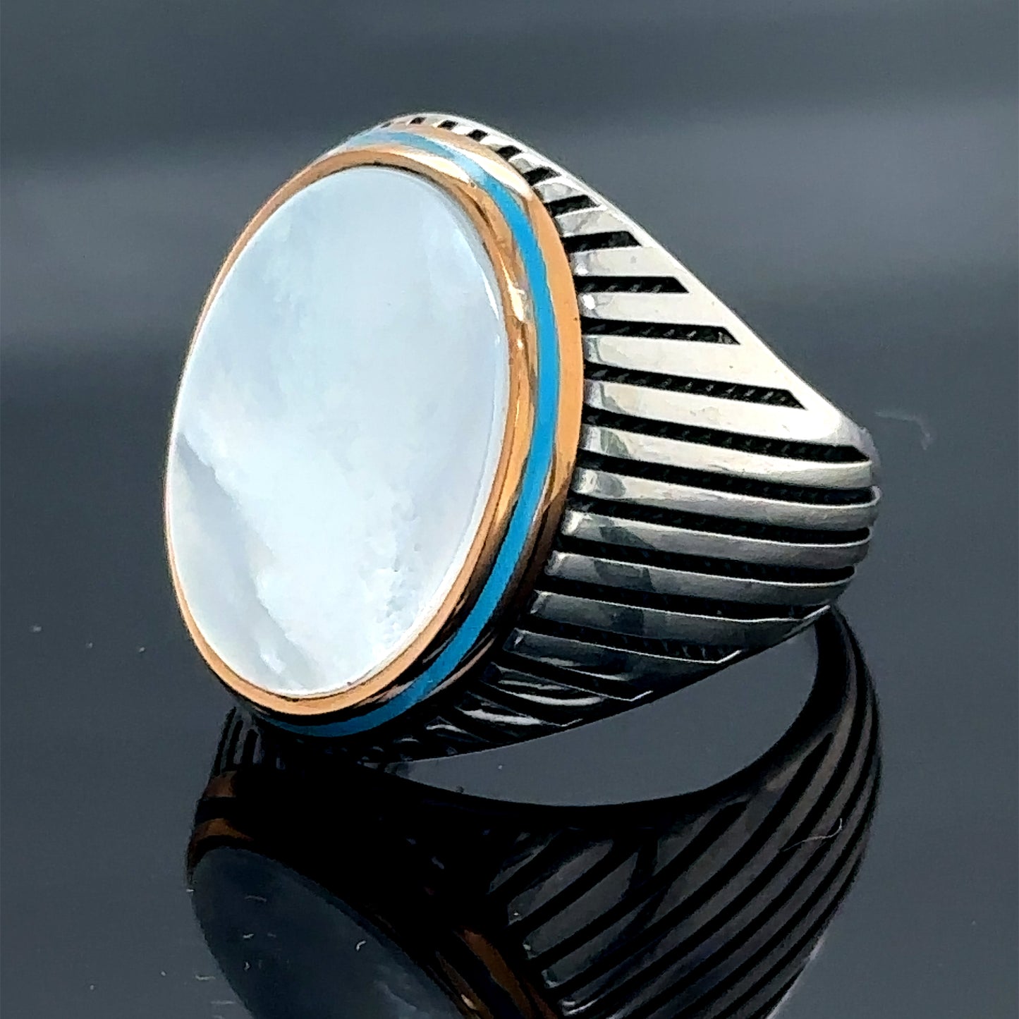 Men Handmade Silver Ottoman Style Mother Of Pearl Gemstone Ring