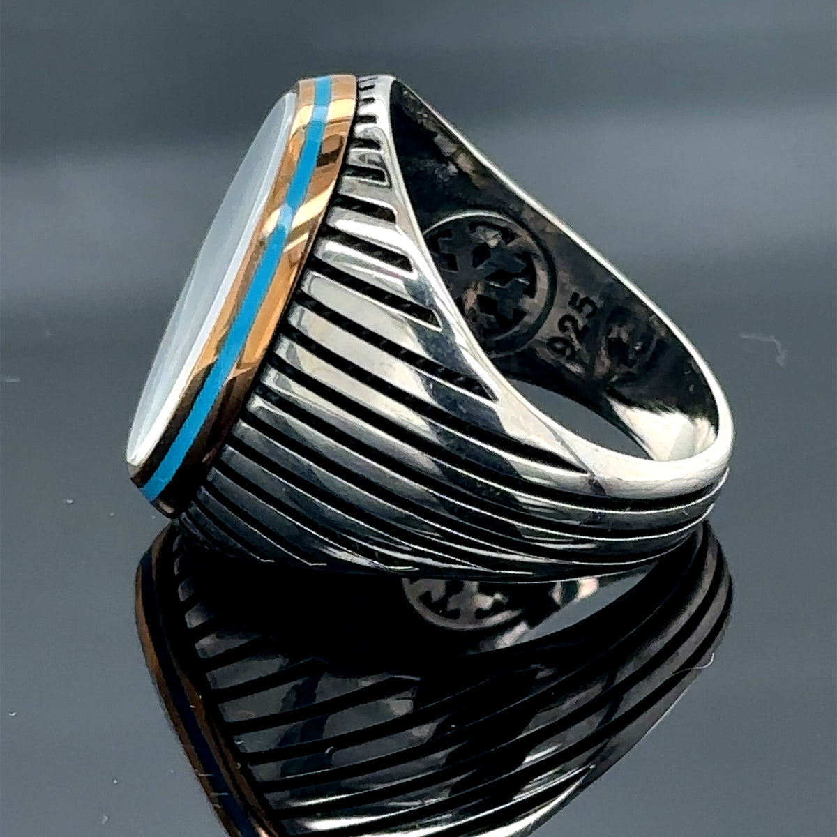 Anillo de plata estilo otomano con piedra preciosa de nácar para hombre, hecho a mano