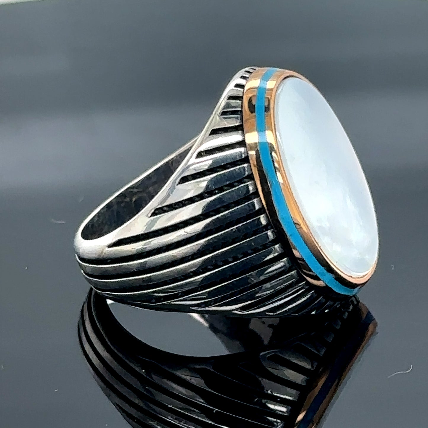 Men Handmade Silver Ottoman Style Mother Of Pearl Gemstone Ring