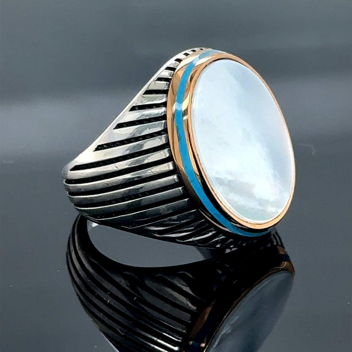 Anillo de plata estilo otomano con piedra preciosa de nácar para hombre, hecho a mano