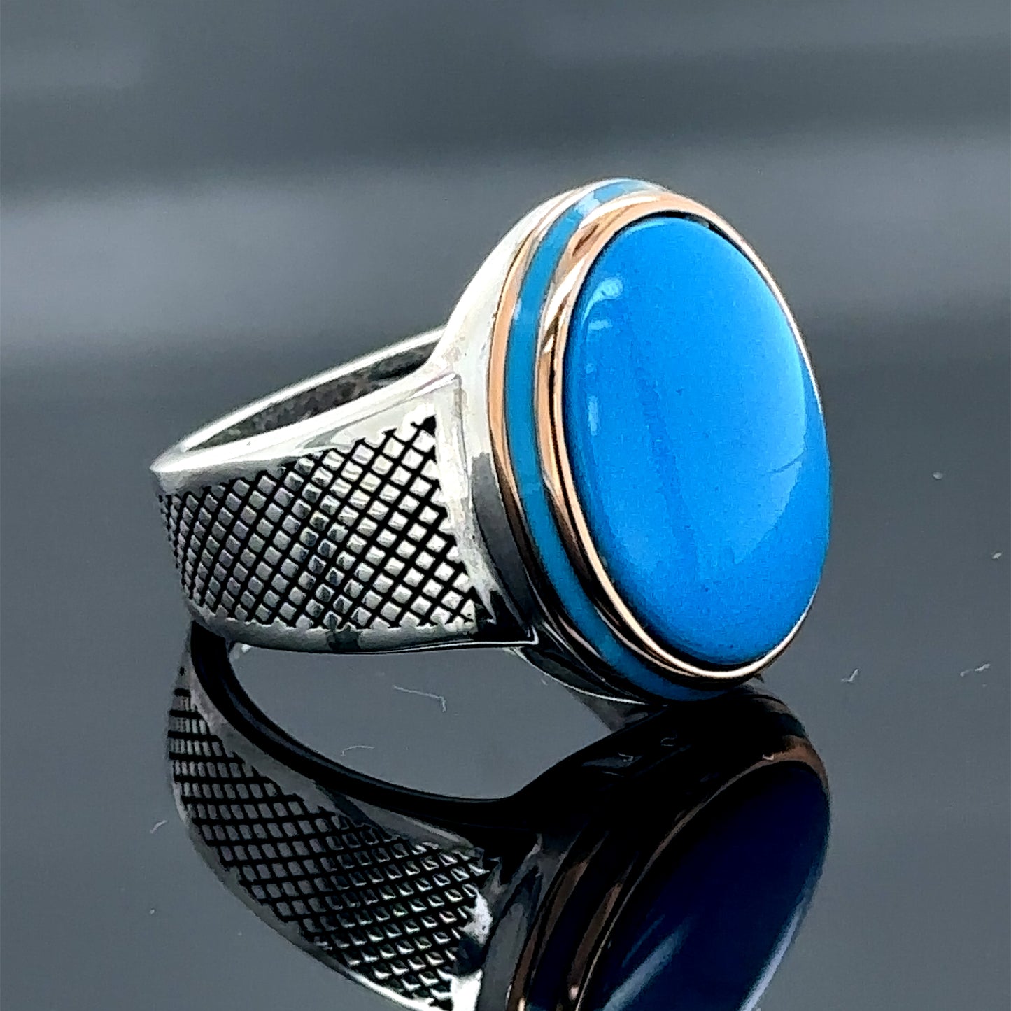 Silver Oval Minimal Men Turquoise Gemstone Ring