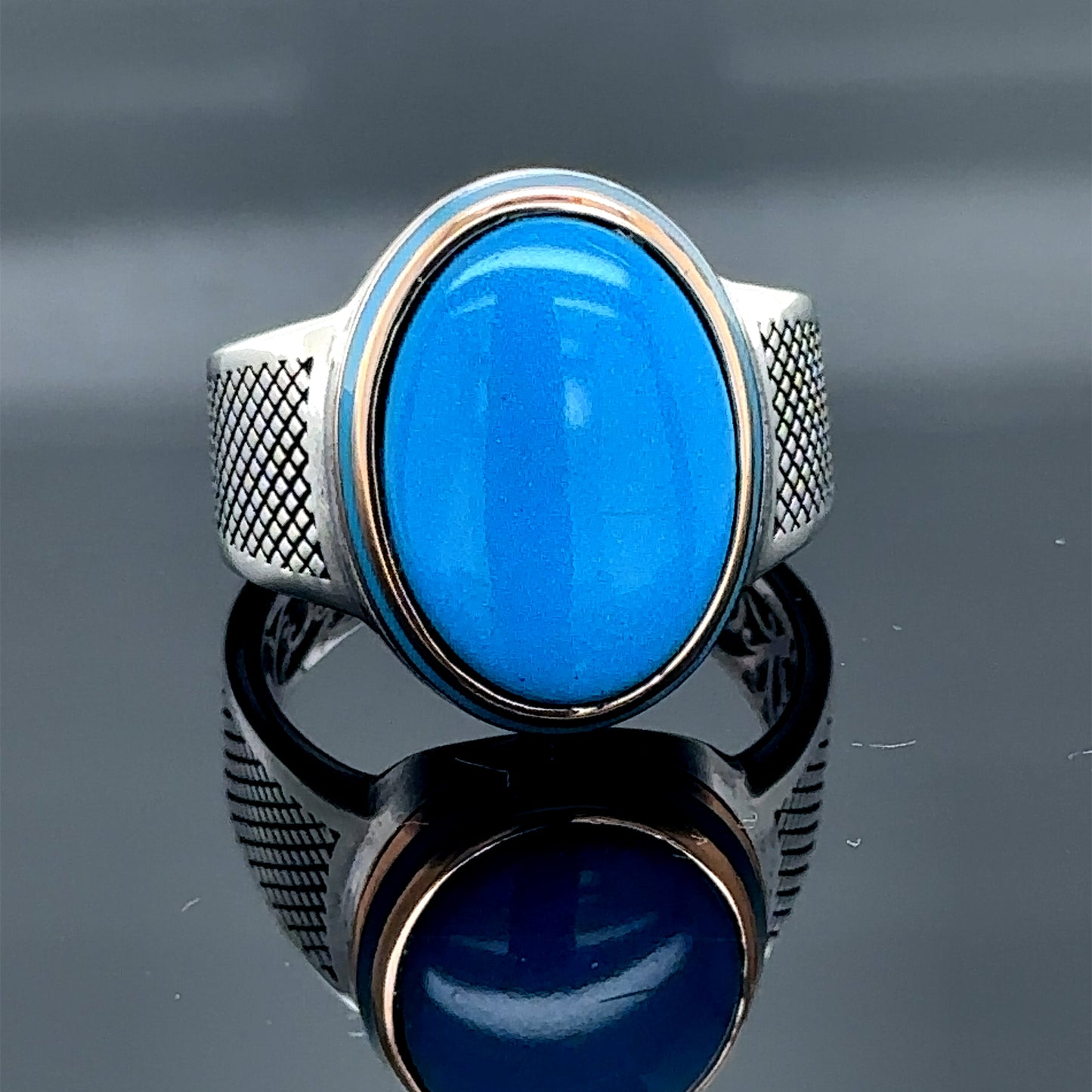 Silver Oval Minimal Men Turquoise Gemstone Ring