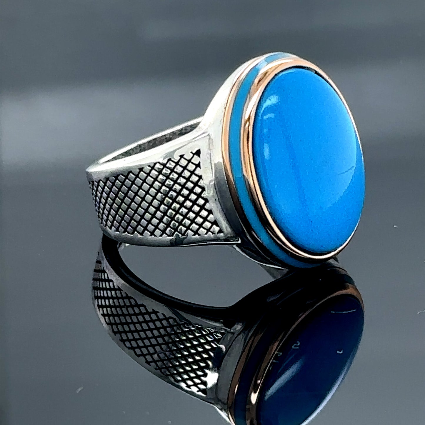 Silver Oval Minimal Men Turquoise Gemstone Ring