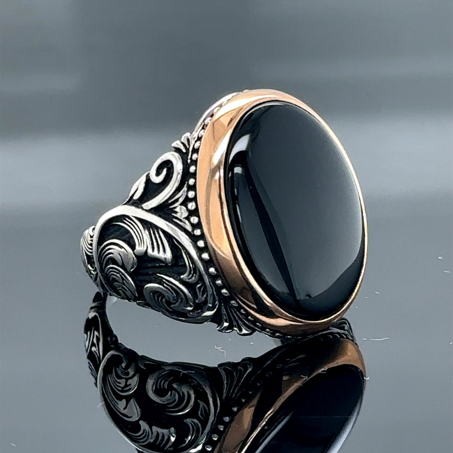 Silver Handmade Engraved Onyx Gemstone Men Ring