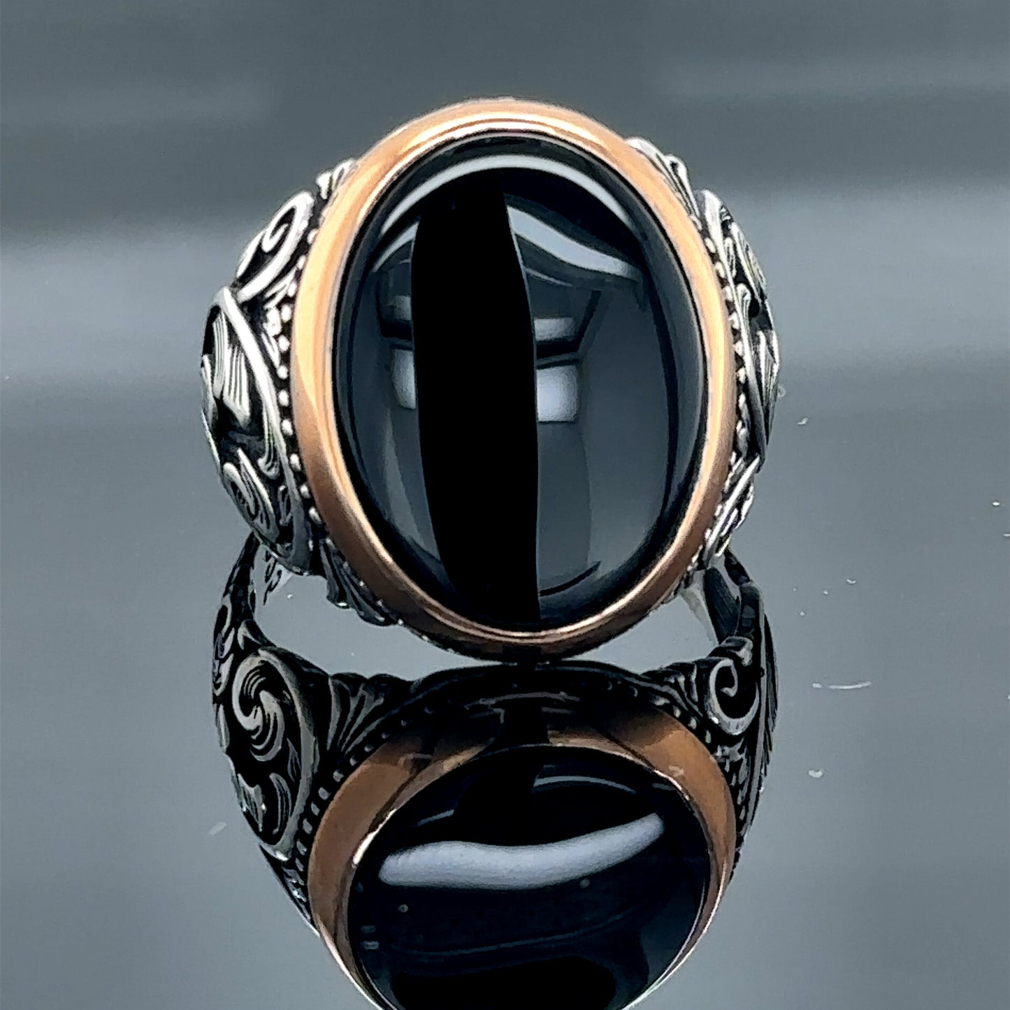 Silver Handmade Engraved Onyx Gemstone Men Ring