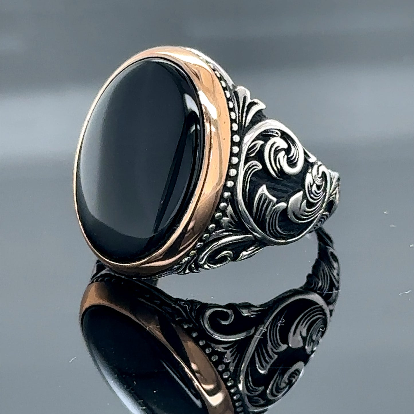 Silver Handmade Engraved Onyx Gemstone Men Ring