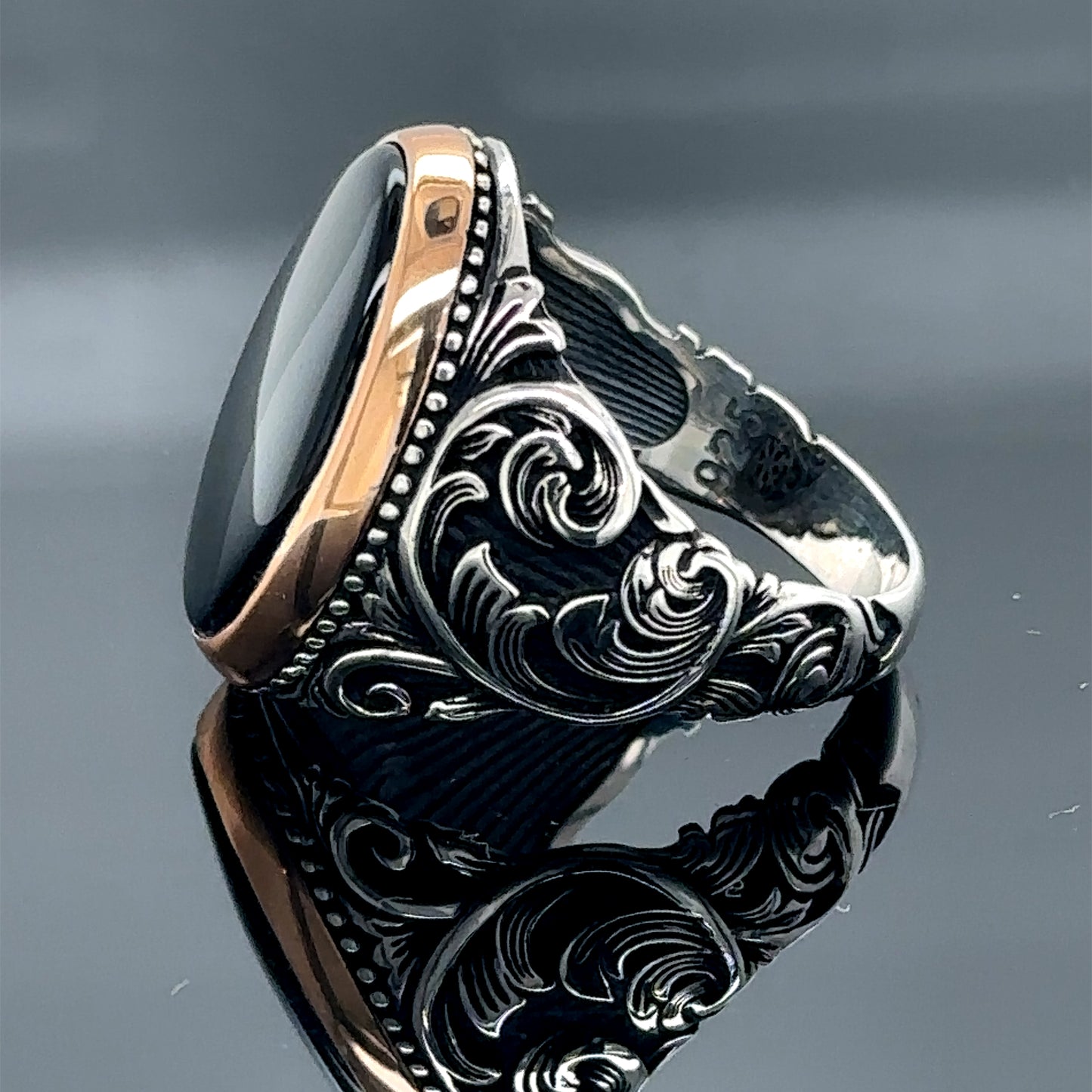 Silver Handmade Engraved Onyx Gemstone Men Ring