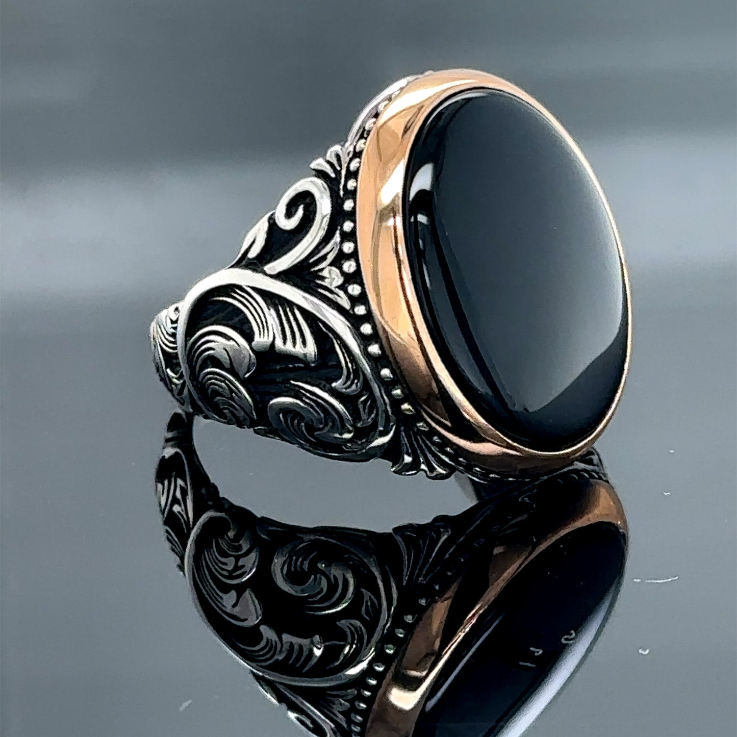 Silver Handmade Engraved Onyx Gemstone Men Ring