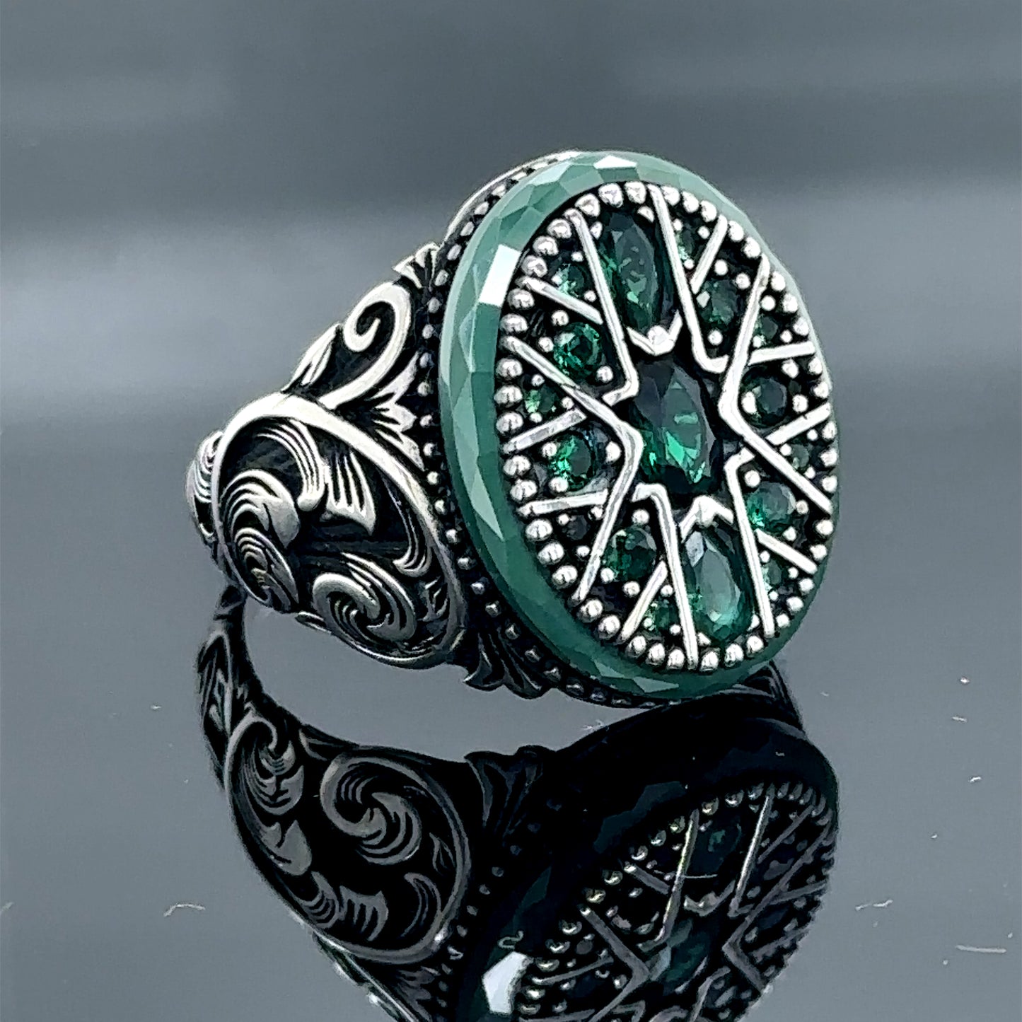 Men Handmade Engraved Green Emerald Stone Ring