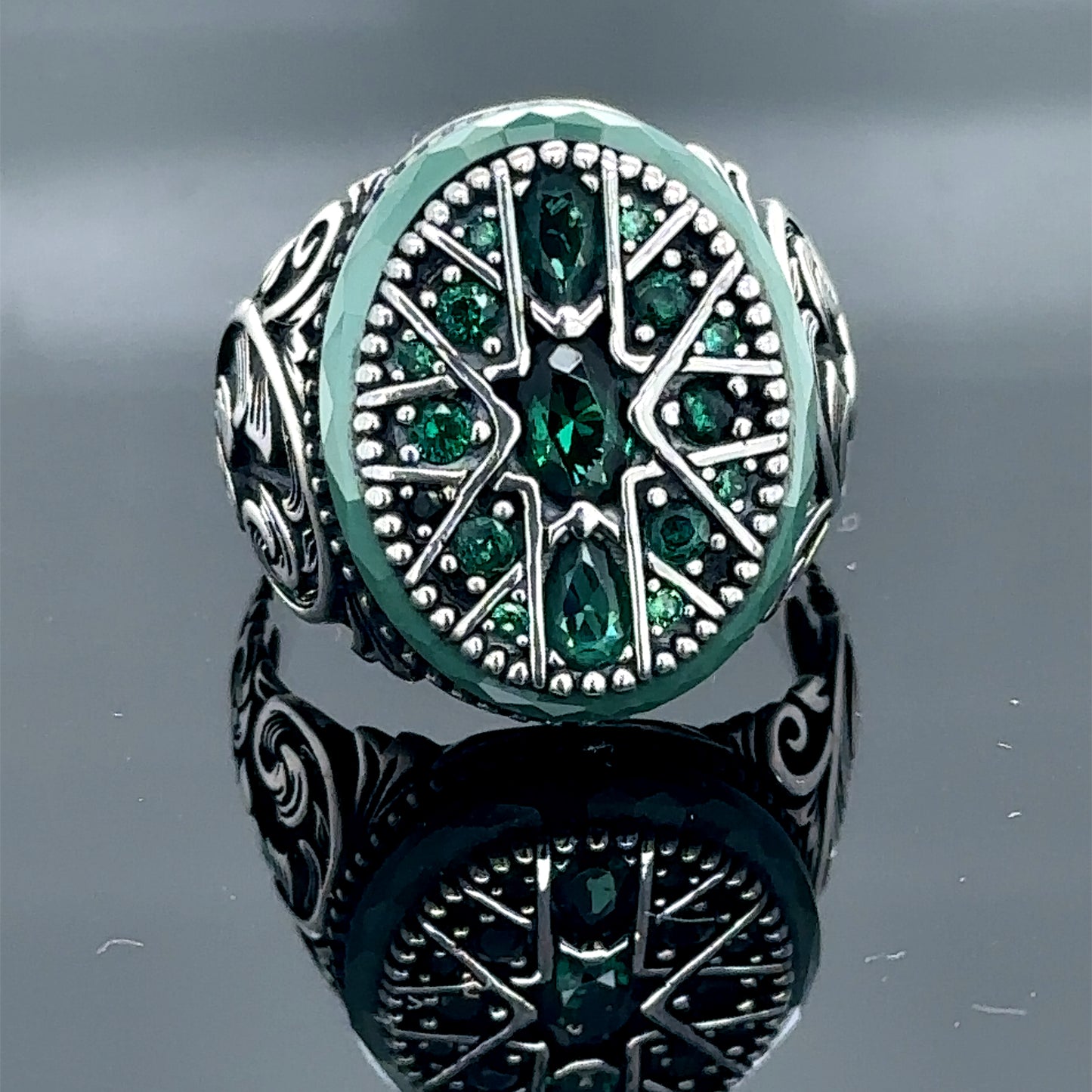 Men Handmade Engraved Green Emerald Stone Ring