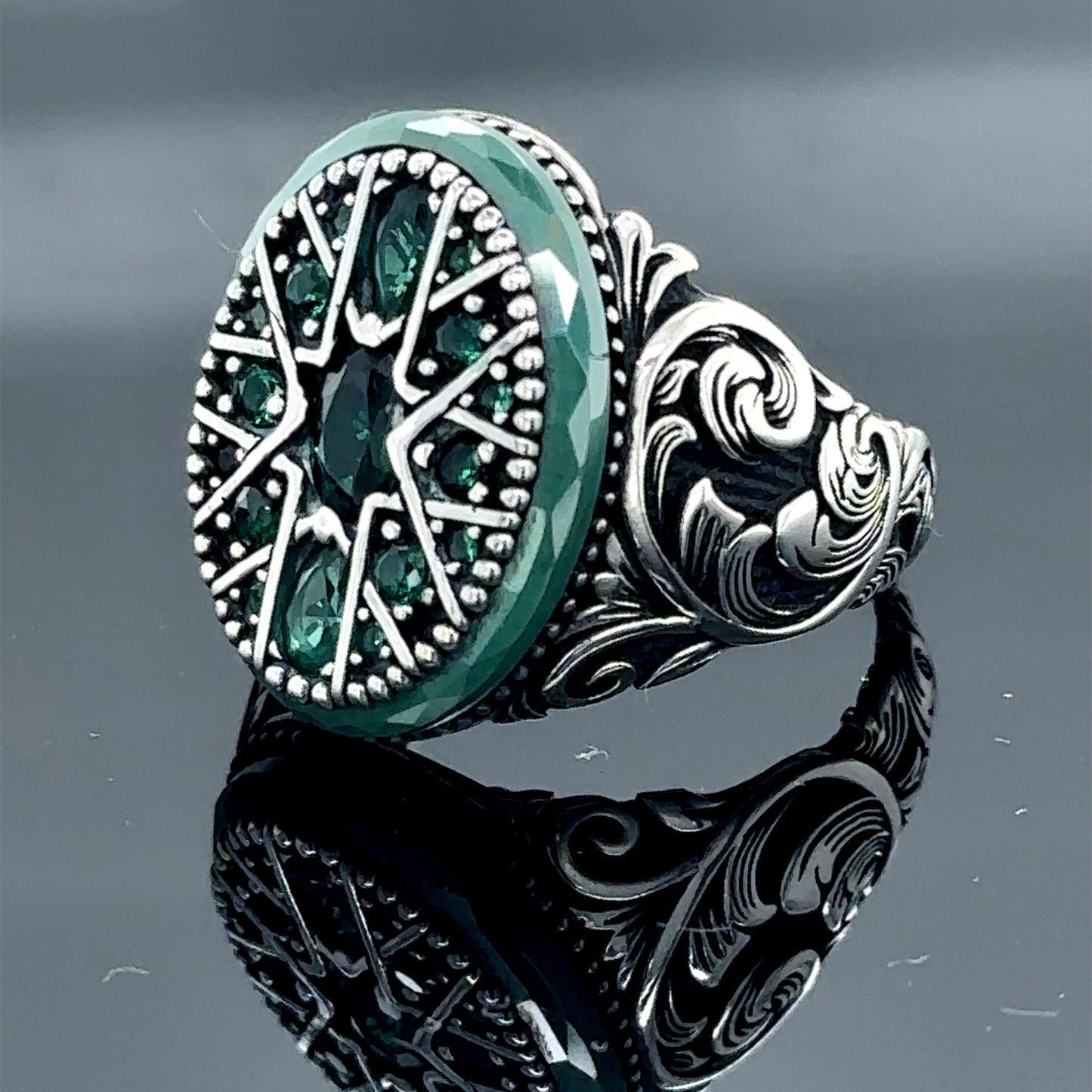 Men Handmade Engraved Green Emerald Stone Ring