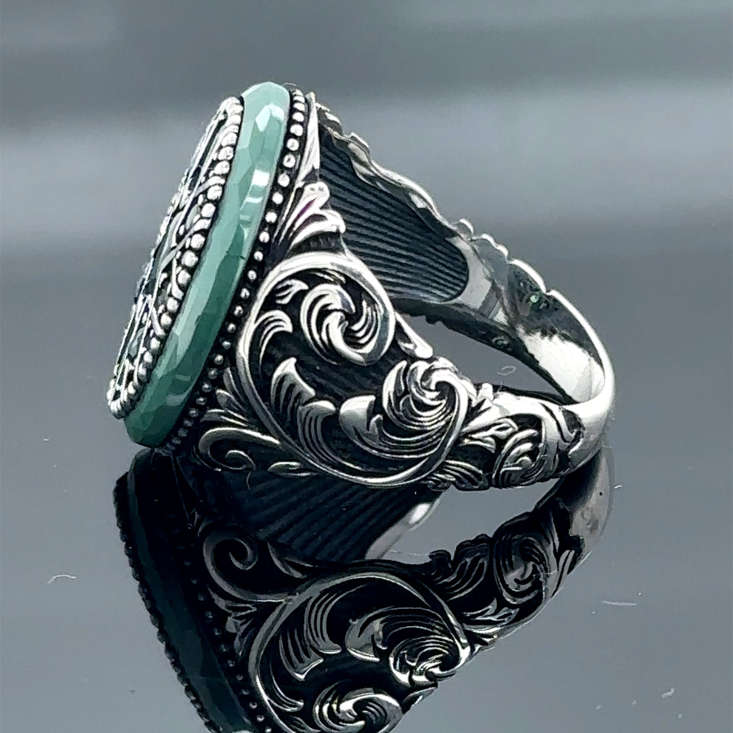 Men Handmade Engraved Green Emerald Stone Ring