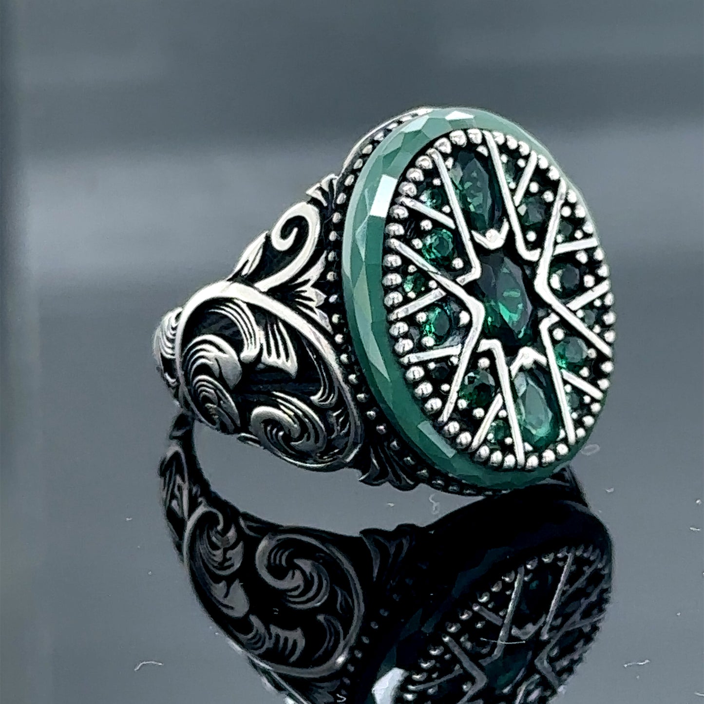 Men Handmade Engraved Green Emerald Stone Ring