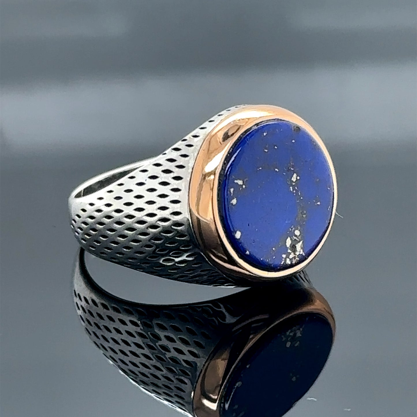 Men Silver Round Natural Lapis Gemstone Ring