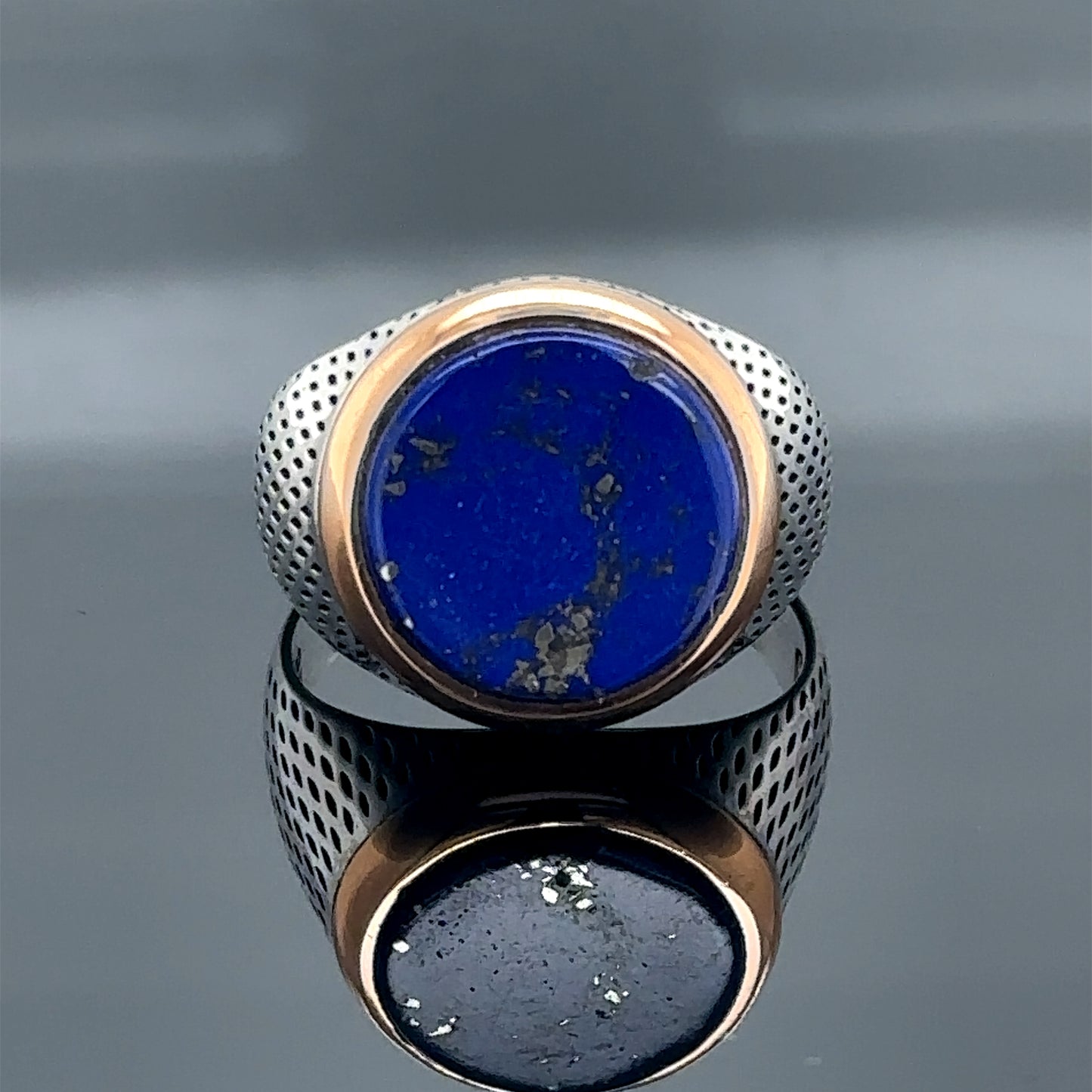 Men Silver Round Natural Lapis Gemstone Ring