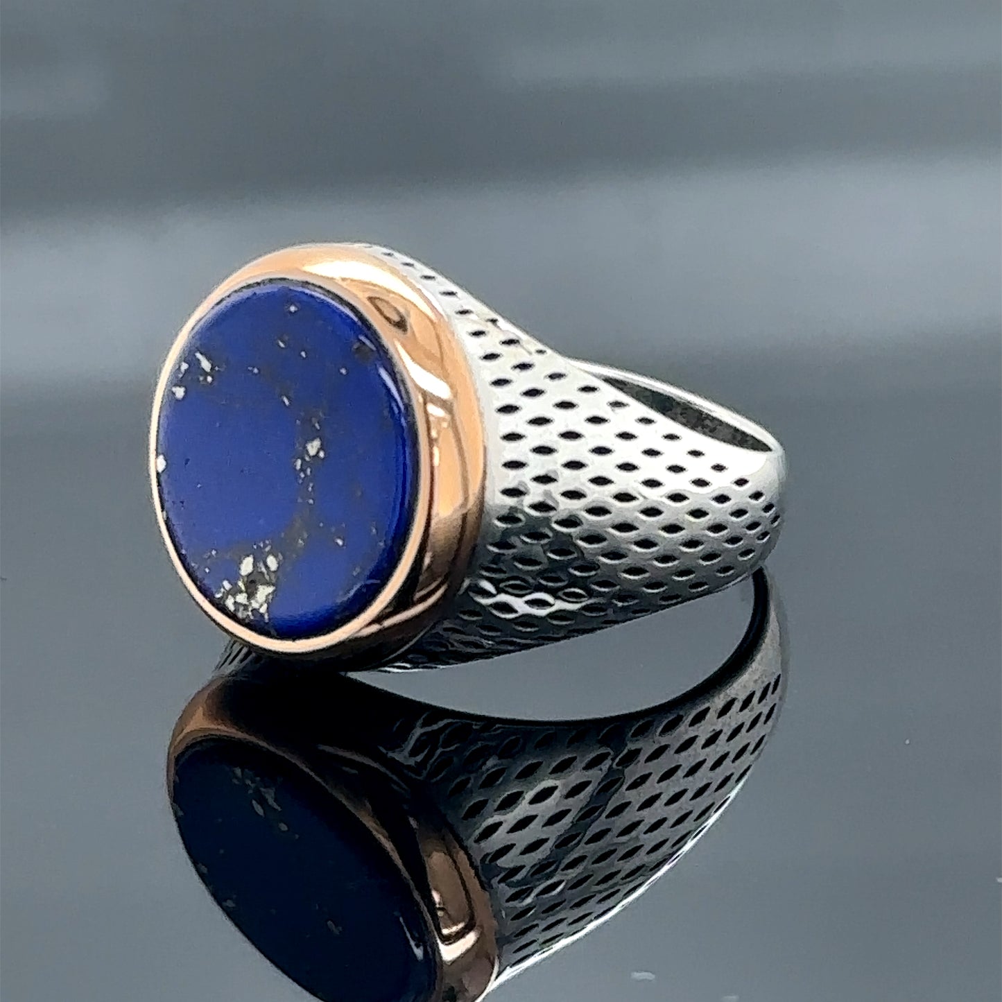 Men Silver Round Natural Lapis Gemstone Ring