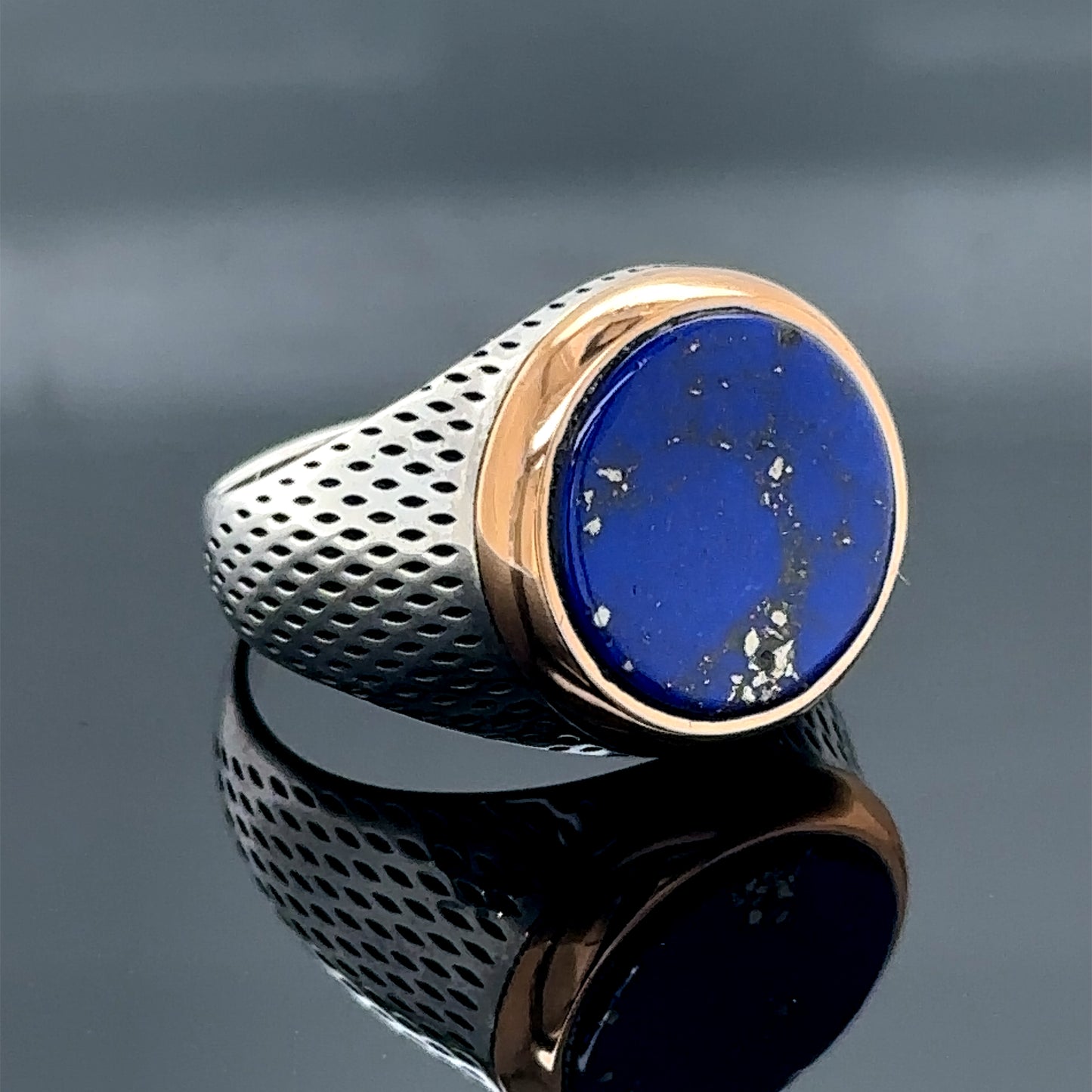 Men Silver Round Natural Lapis Gemstone Ring