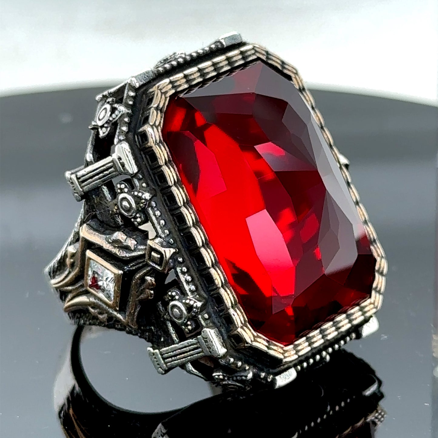 Men Silver Large Square Ruby Stone Ottoman Style Ring