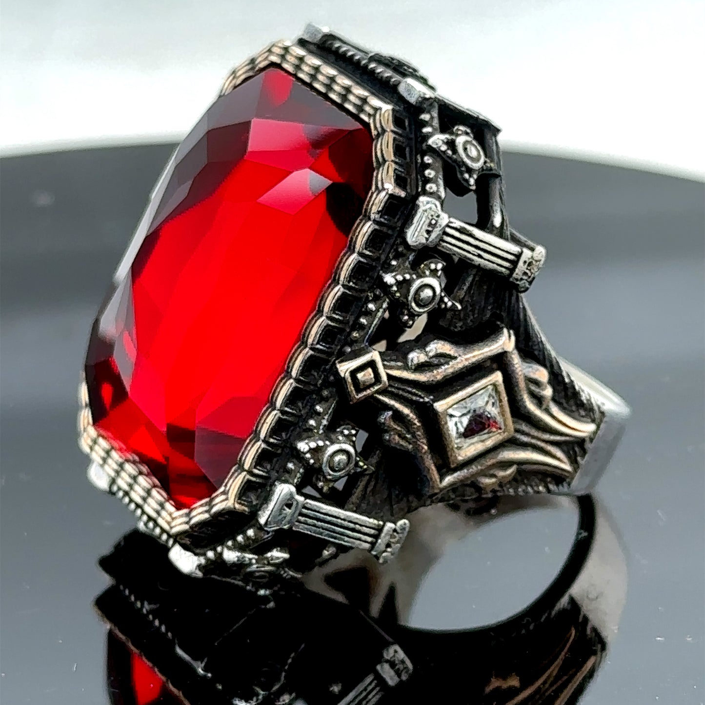 Men Silver Large Square Ruby Stone Ottoman Style Ring