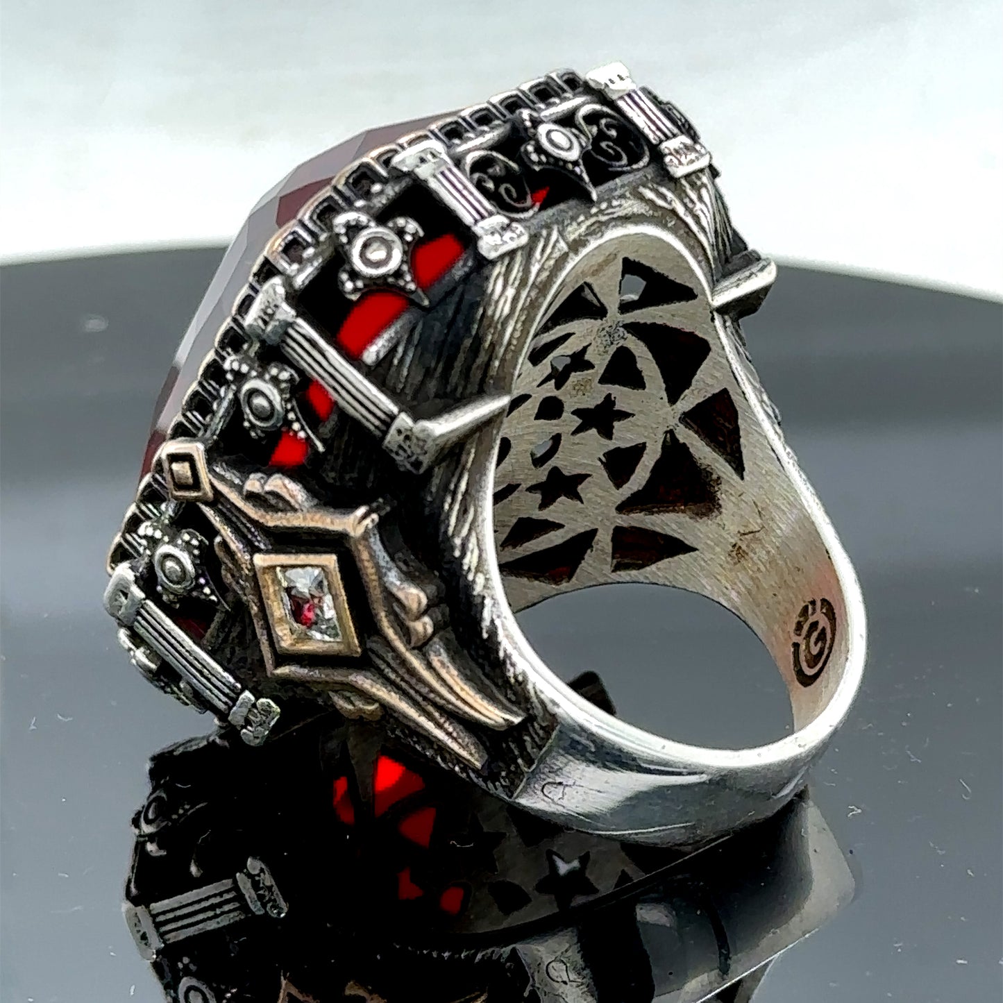 Men Silver Large Square Ruby Stone Ottoman Style Ring