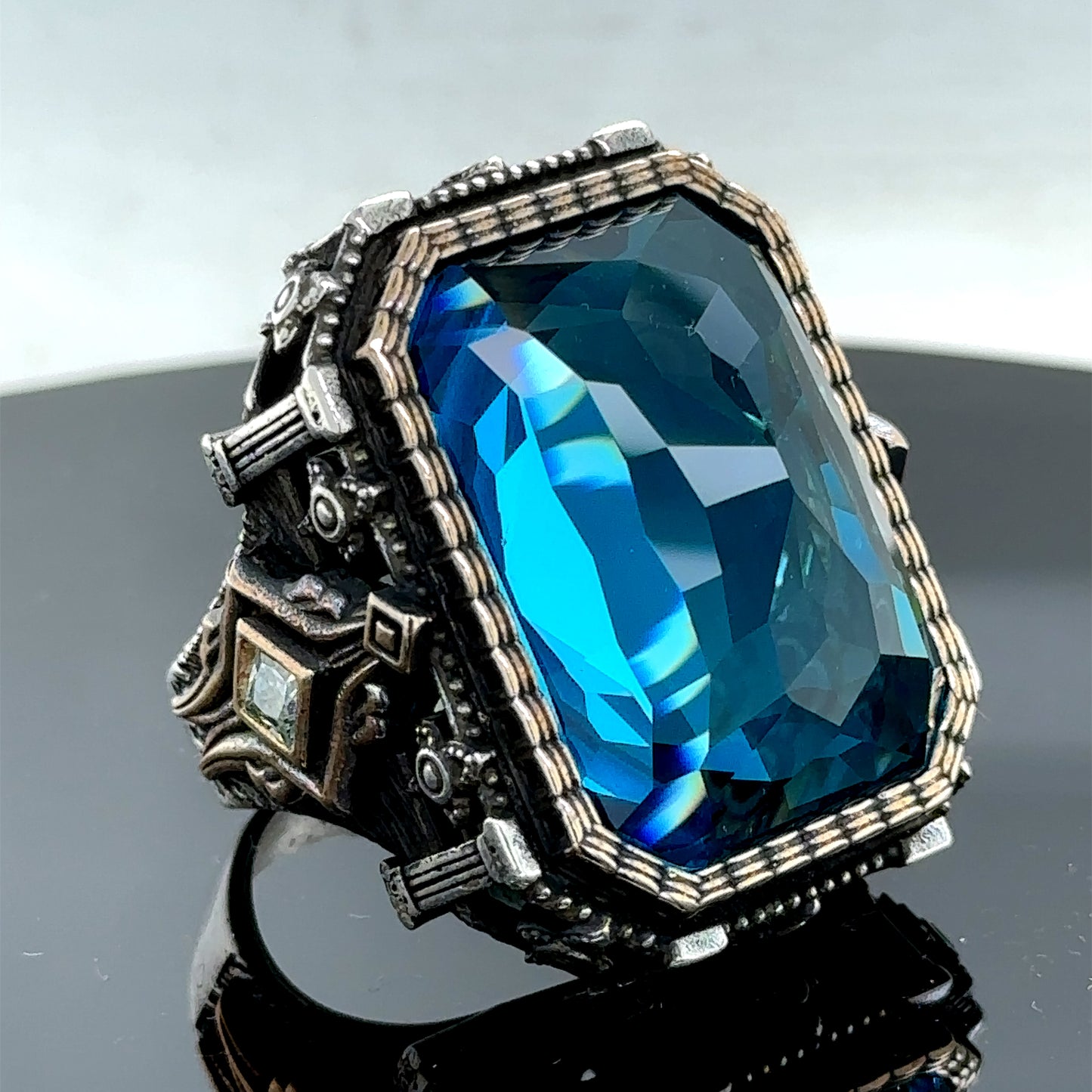 Men Silver Large Aquamarine Gemstone Ottoman Style Ring