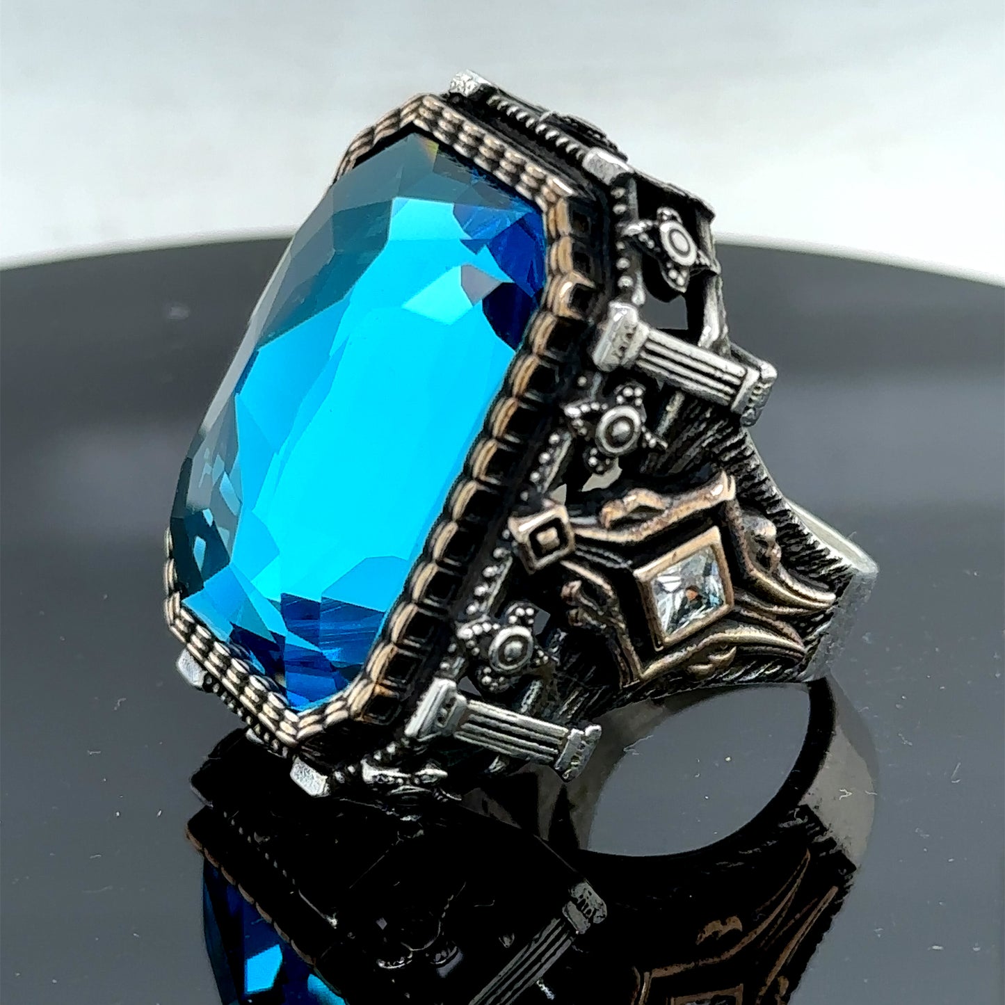 Men Silver Large Aquamarine Gemstone Ottoman Style Ring