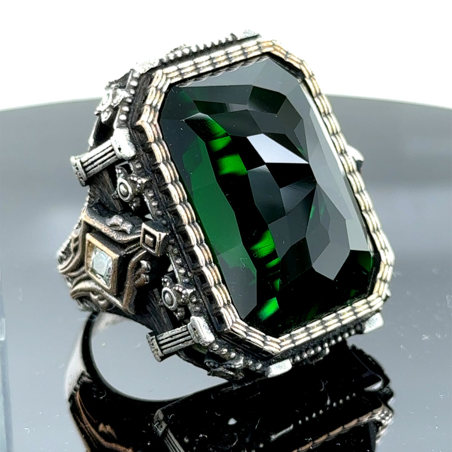 Silver Large Square Emerald Gemstone Ottoman Ring