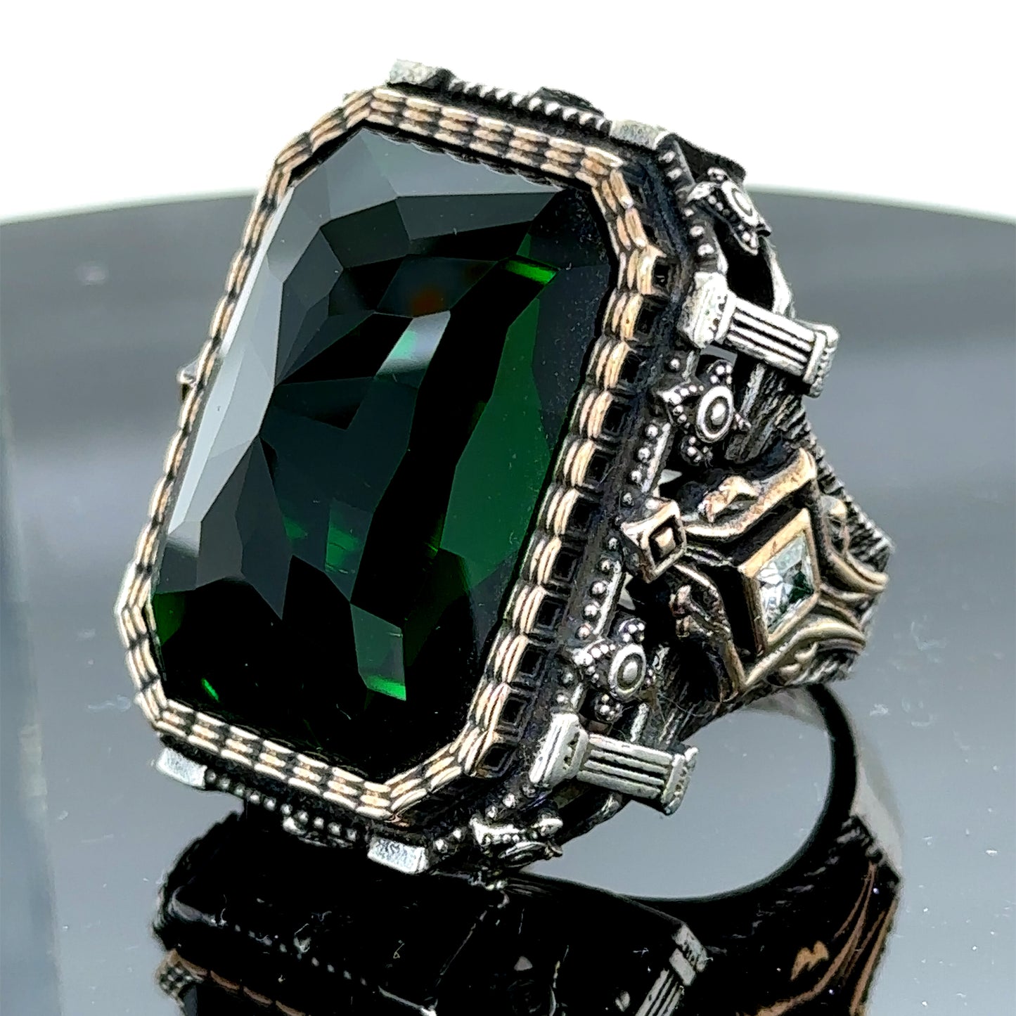 Silver Large Square Emerald Gemstone Ottoman Ring