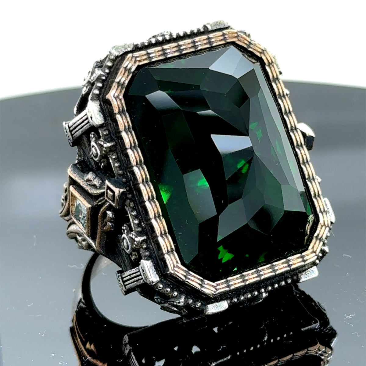 Silver Large Square Emerald Gemstone Ottoman Ring