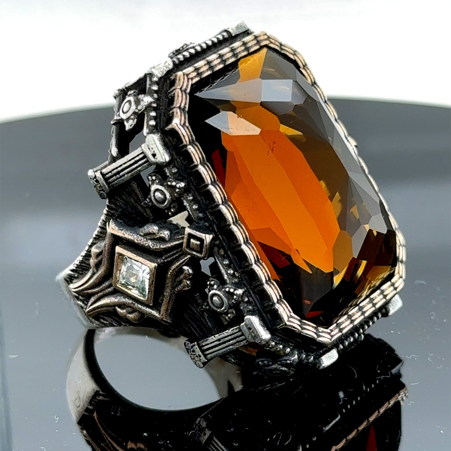 Men Silver Large Yellow Citrine Gemstone Handmade Ring