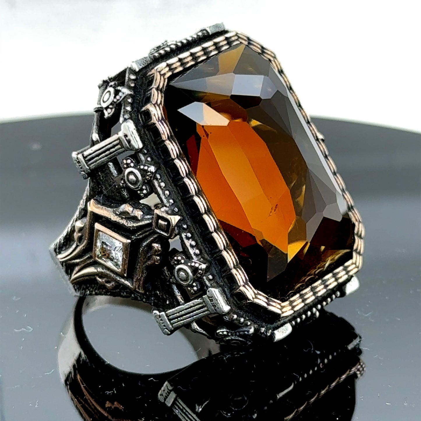 Men Silver Large Yellow Citrine Gemstone Handmade Ring